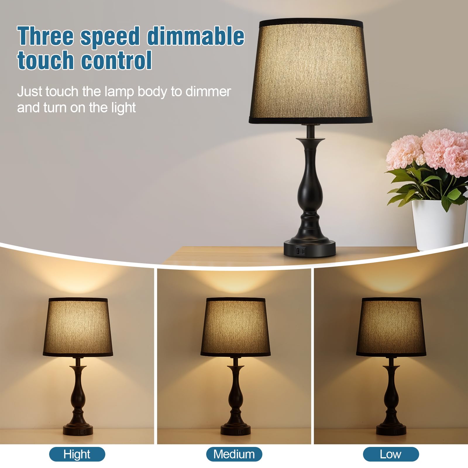 Bedside Table Lamp Touch Control Bedroom Lamps with USB A and C Charging Port 3 Way Dimmable Touch Lamps for Nightstand Living Room Bedroom Dorm Home Office Reading, Set of 2