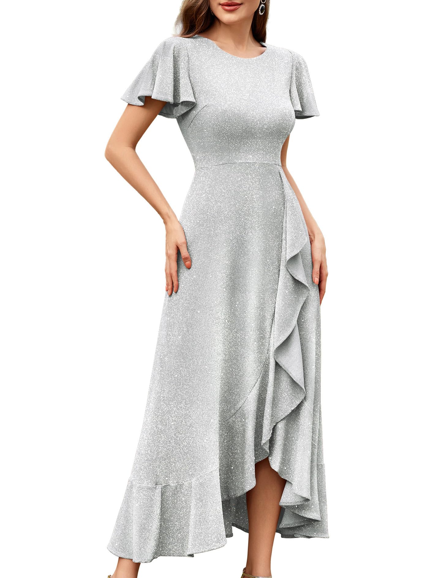 BeryLove Women Sequin Formal Party Dress Flutter Short Sleeve Wedding Cocktail Long Evening Dress
