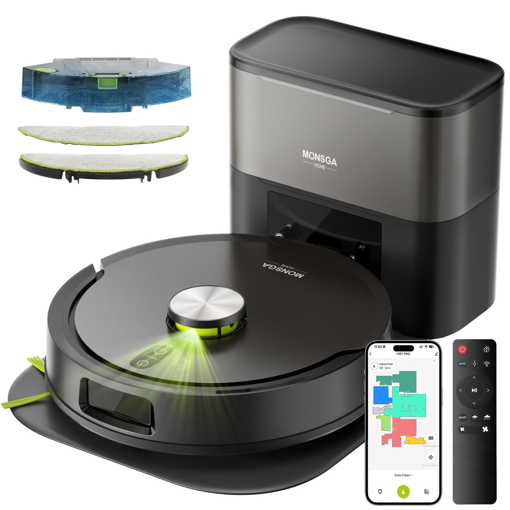 MONSGA Robot Vacuum and Mop, 90 Days Self-Emptying Robotic Vacuum, 8000Pa Suction, Dual Anti-Tangle, LiDAR Navigation, Self-Charging, WiFi/App/Alexa Control, Vacuums for Pet Hair Carpet Hard Floor