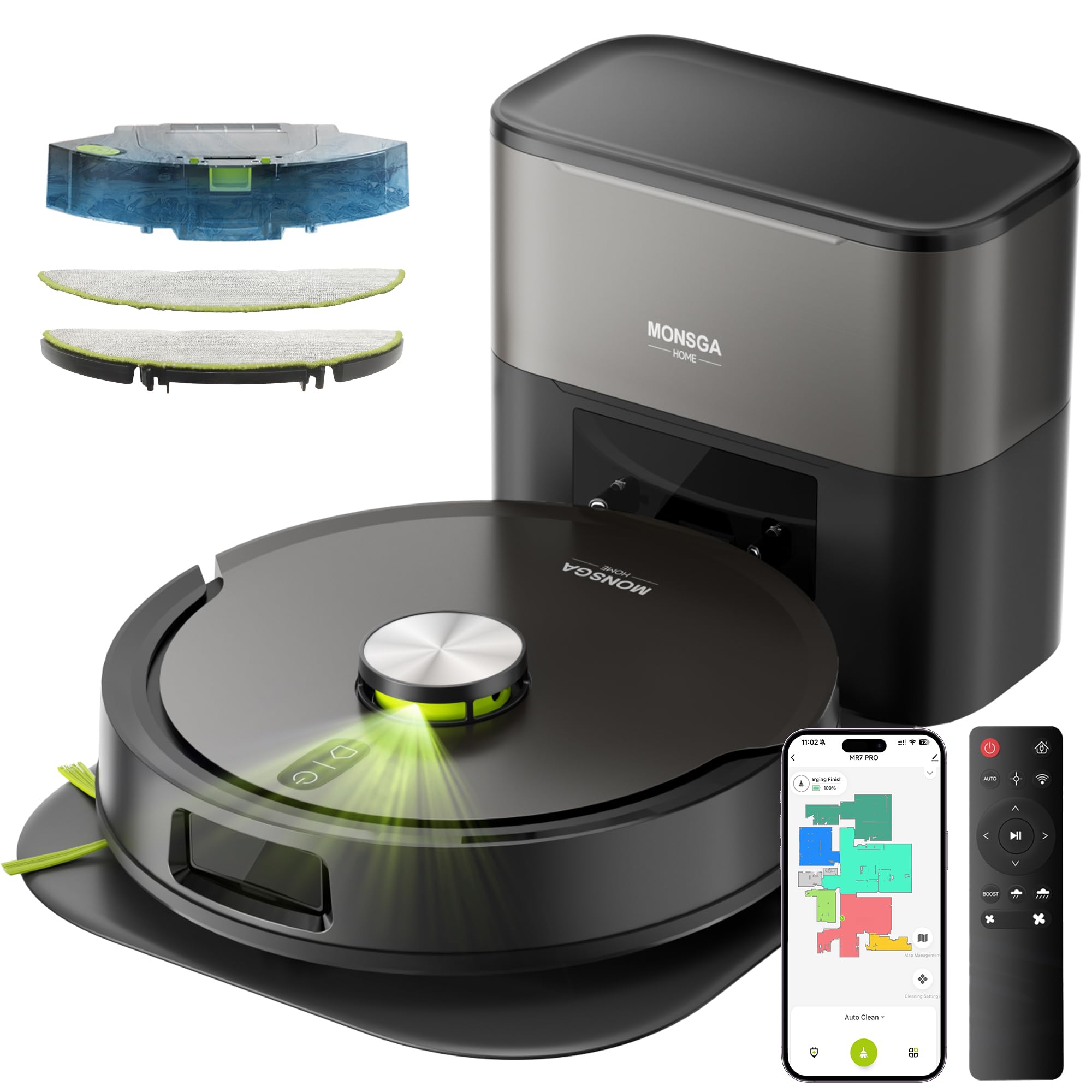 MONSGA Robot Vacuum and Mop, 90 Days Self-Emptying Robotic Vacuum, 8000Pa Suction, Dual Anti-Tangle, LiDAR Navigation, Self-Charging, WiFi/App/Alexa Control, Vacuums for Pet Hair Carpet Hard Floor