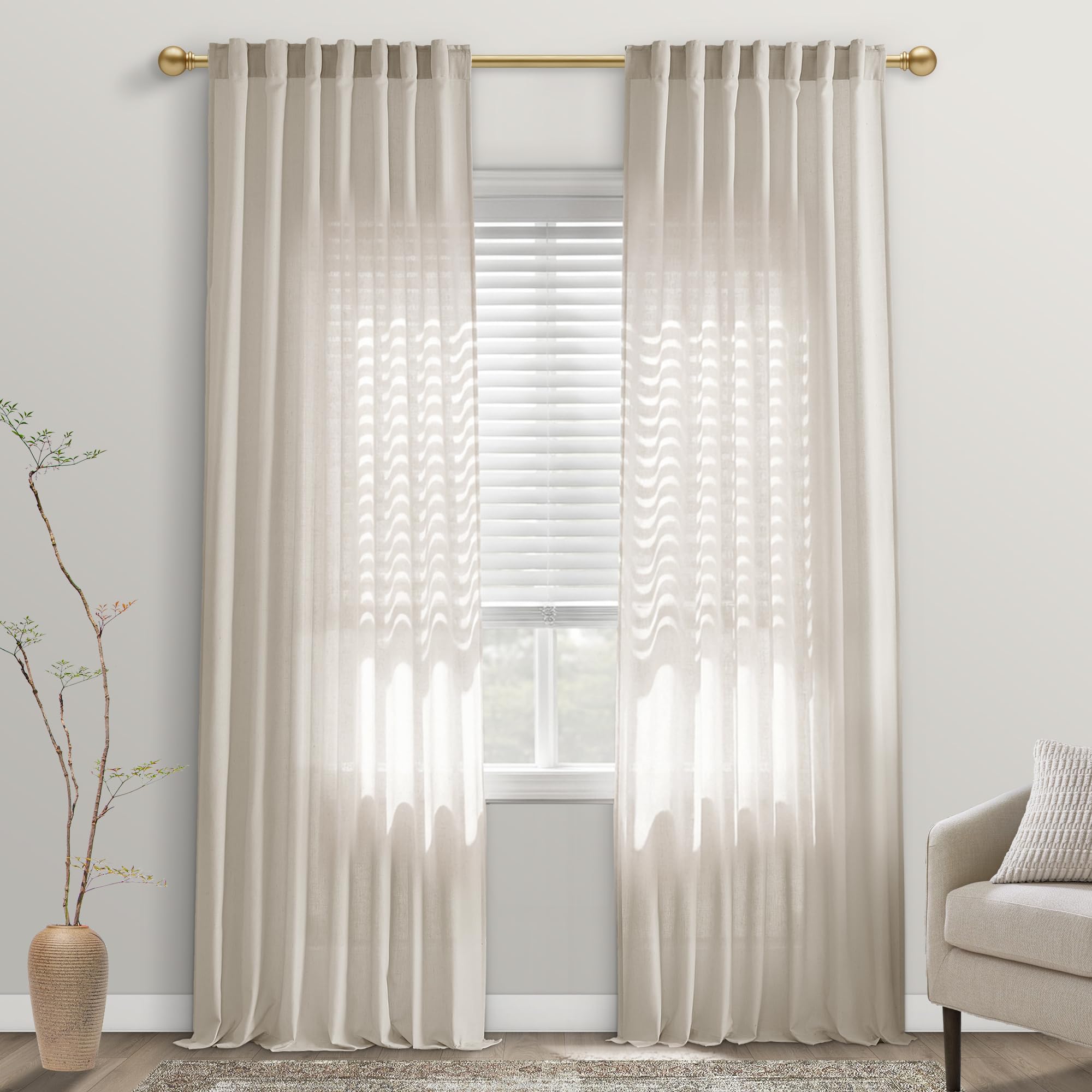 Black Linen Cotton Blend Sheer Curtains, Moody Light Filtering Drapes for Dark Academia Inspired Study Bedroom Living Room, 84 Inch Long 2 Panels Set