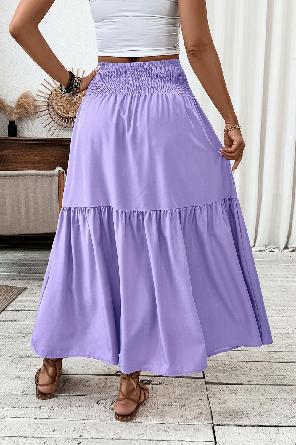 Women's Smocked High Waist Maxi Skirt Casual Boho Long Skirts with Pockets