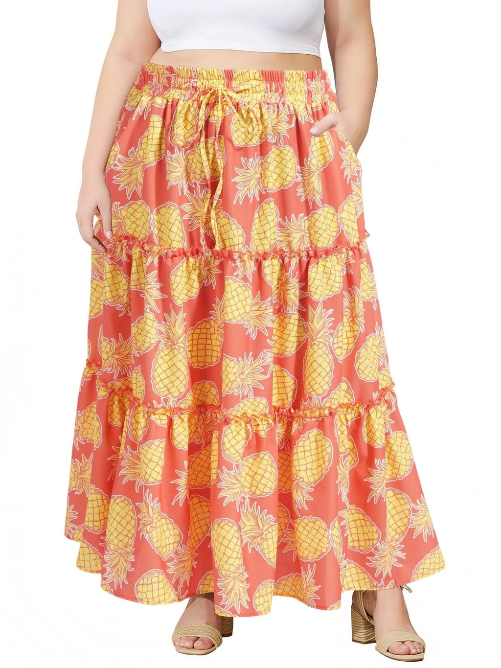 Moon Wood Plus Size Maxi Skirts for Women Trendy Long Flowy Boho Tiered Skirt Renaissance Summer Beach Skirt with Pockets