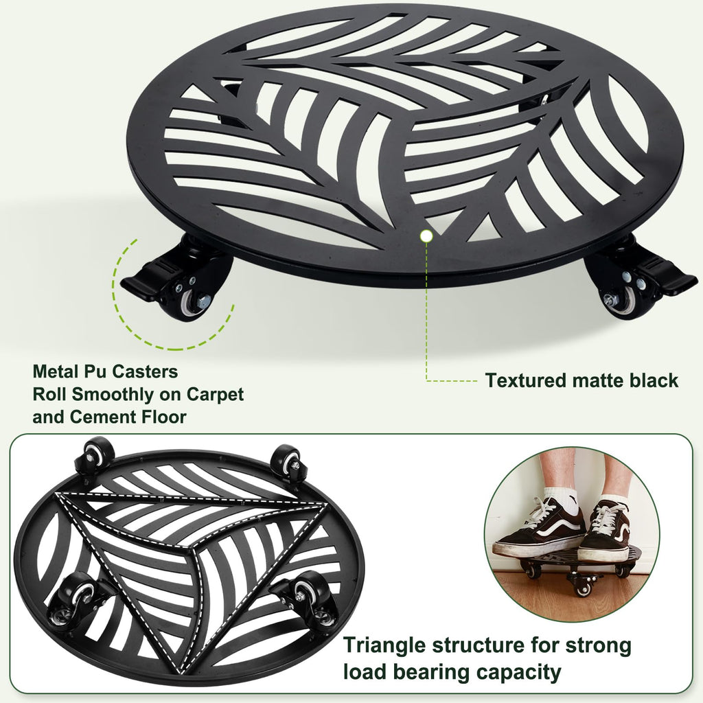 1 Pack 12 inches Large Metal Plant Caddy with 3 PU Metal Wheels Rolling Plant Stand with Casters Indoor Outdoor Wheeled Planter Roller Base Pot Movers Plant Dolly Coaster Trolley Black