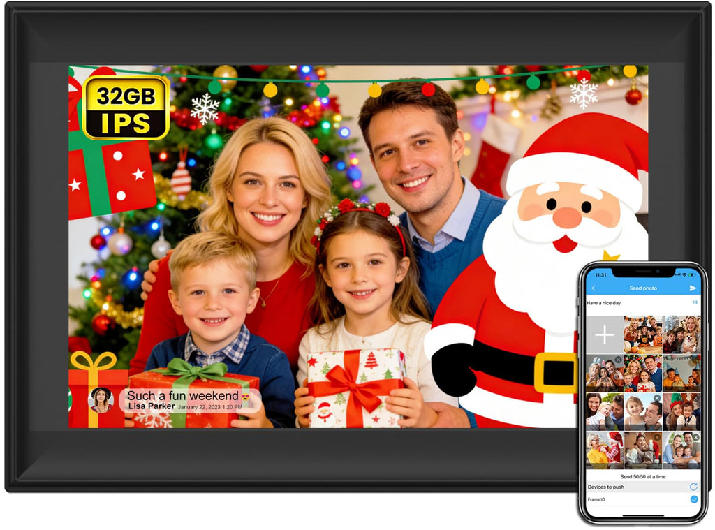 SSAWiFiFRAME Digital Picture Frame 10.1 inch WiFi Smart Photo Frame,1280 * 800 IPS Touchscreen Auto-Rotate, Built in 32GB Memory, 50 Photos /200MB Video Sharing via Free APP，Gift for Women/Mom