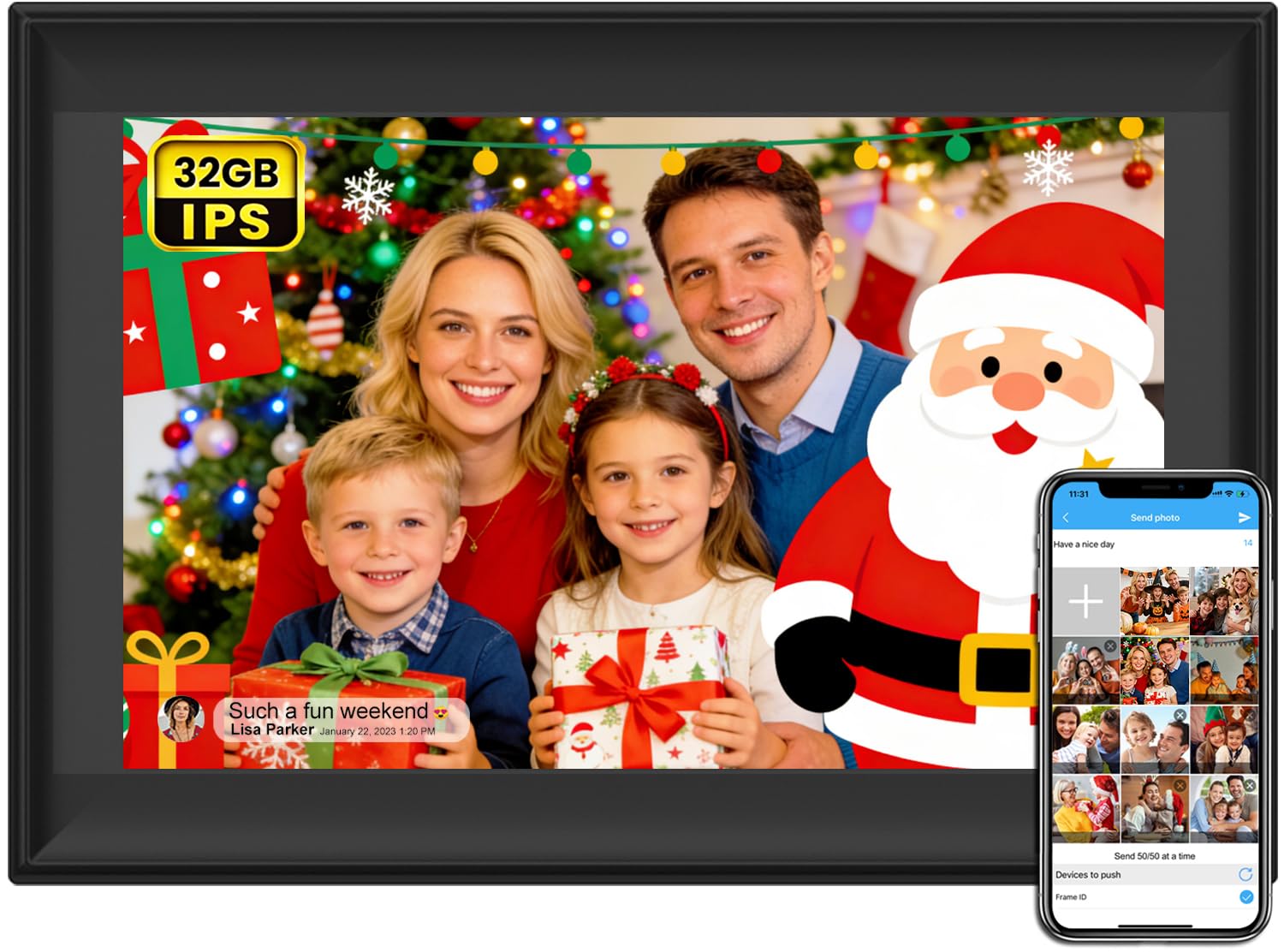 SSAWiFiFRAME Digital Picture Frame 10.1 inch WiFi Smart Photo Frame,1280 * 800 IPS Touchscreen Auto-Rotate, Built in 32GB Memory, 50 Photos /200MB Video Sharing via Free APP，Gift for Women/Mom