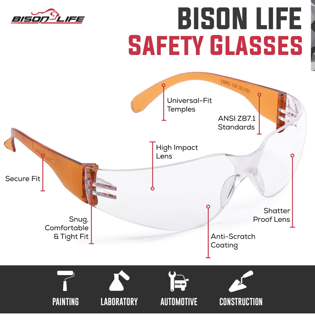 BISON LIFE Clear Safety Glasses – ANSI Z87.1 Certified Scratch & Impact Resistant Eye Protection Goggles for Men & Women