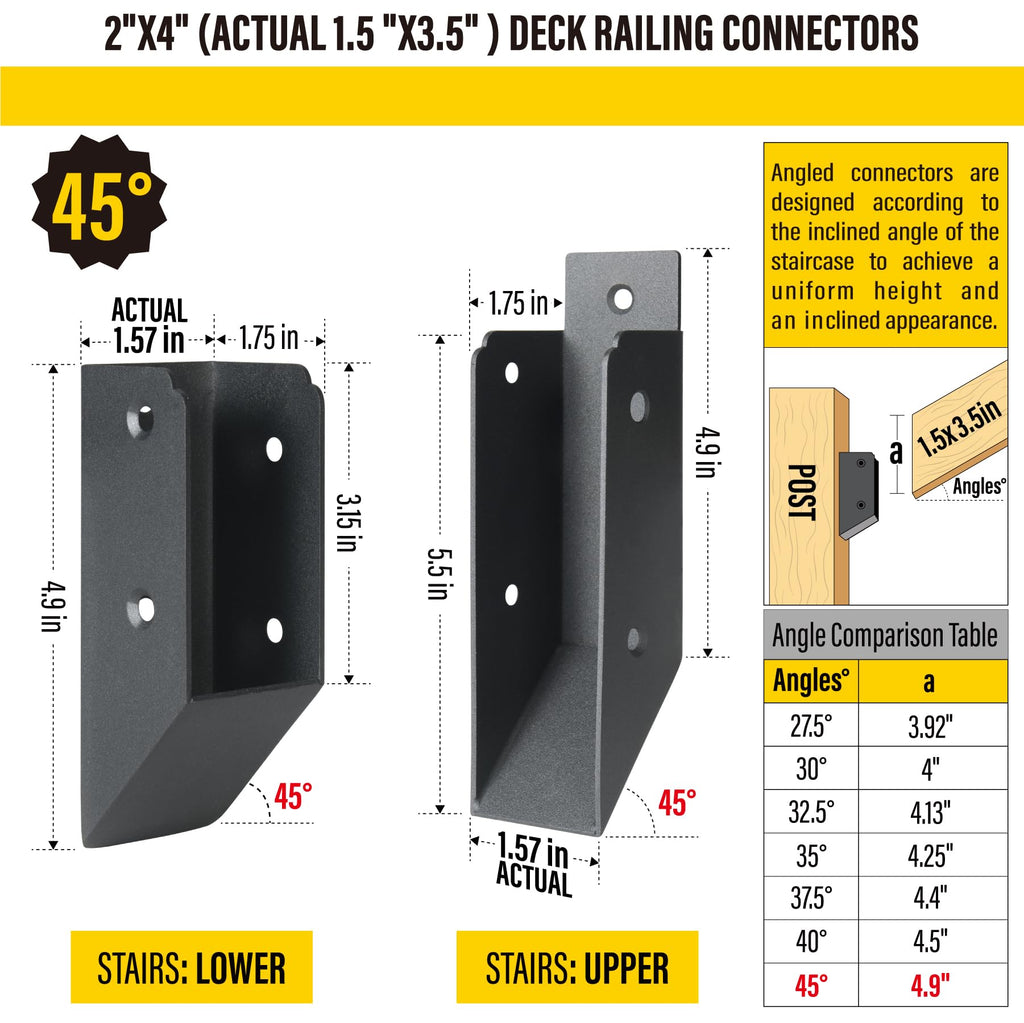 AECXM 201 Stainless Steel 2" x 4" (1 ½" x 3 ½" Actual) Deck Railing 27.5° Stair Connectors, for Deck Railing Stair Handrail Connection Installation Deck Railing Bracket (4 Pair-Black)