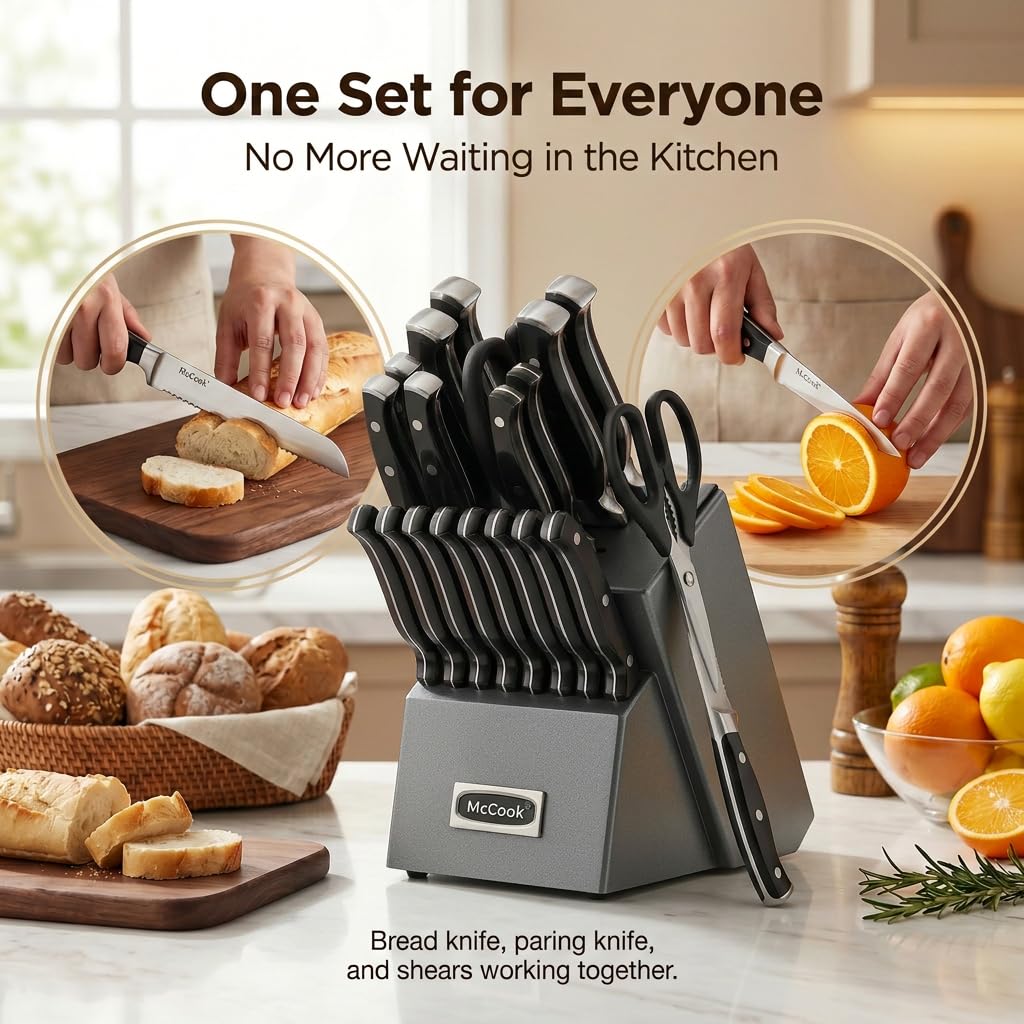 McCook® Knife Sets,German Stainless Steel Kitchen Knife Block Set with Built-in Sharpener, 20-Piece Razor-Sharp Kitchen Knives, Forged Triple Rivet,Full Tang,Ergonomic Handle,Elegant Box for Gift