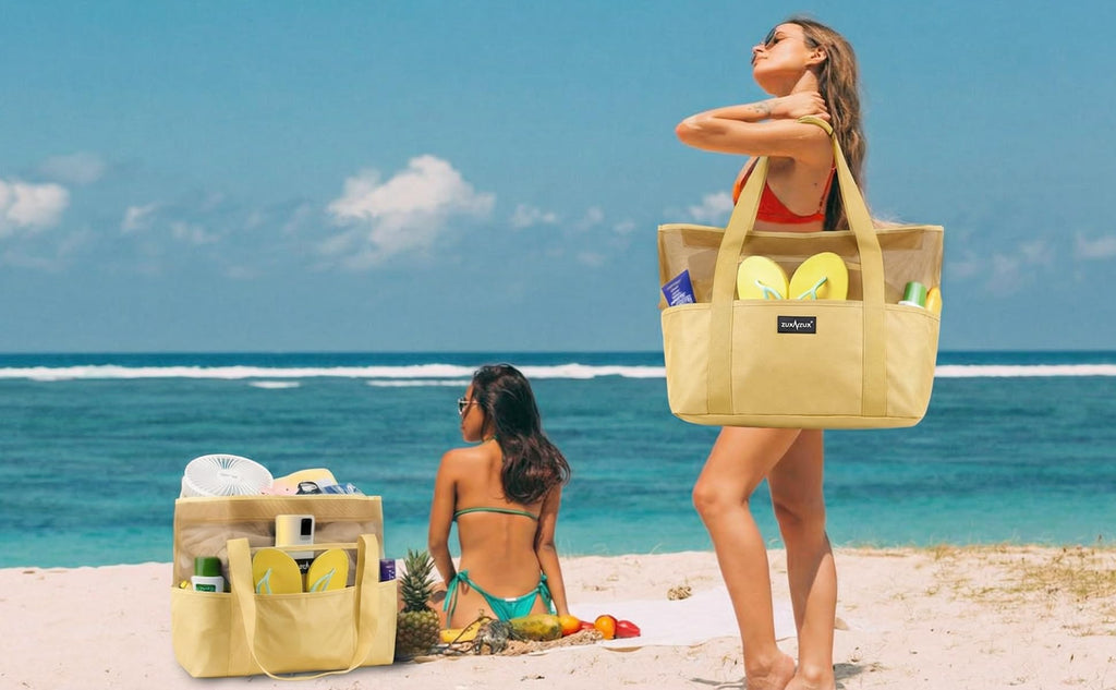 Mesh Beach Bag - Large Waterproof Beach Tote Bag with Zipper, Oversized Foldable Lightweight Family Swim Bag Vacation
