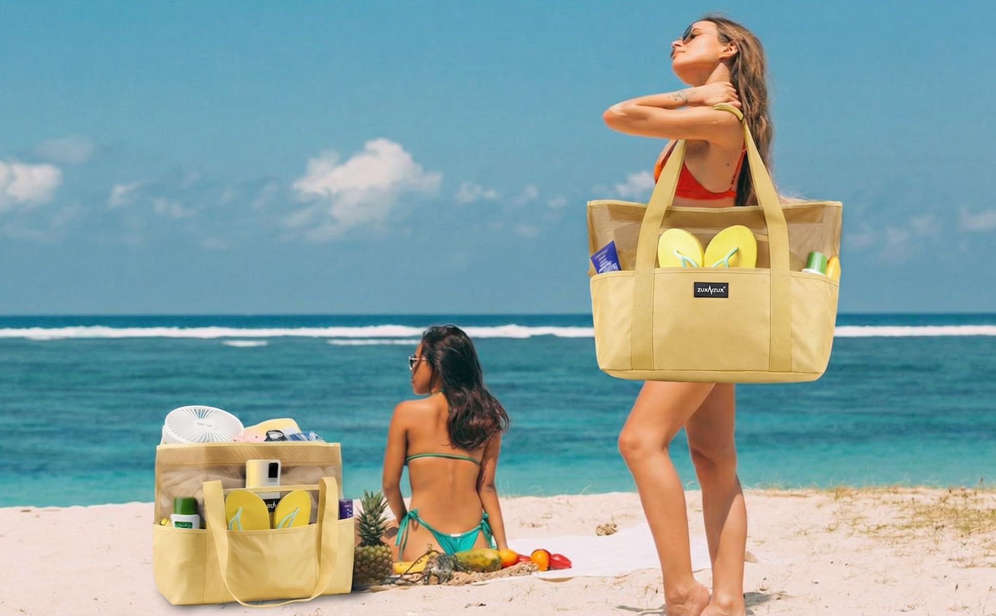 Mesh Beach Bag - Large Waterproof Beach Tote Bag with Zipper, Oversized Foldable Lightweight Family Swim Bag Vacation