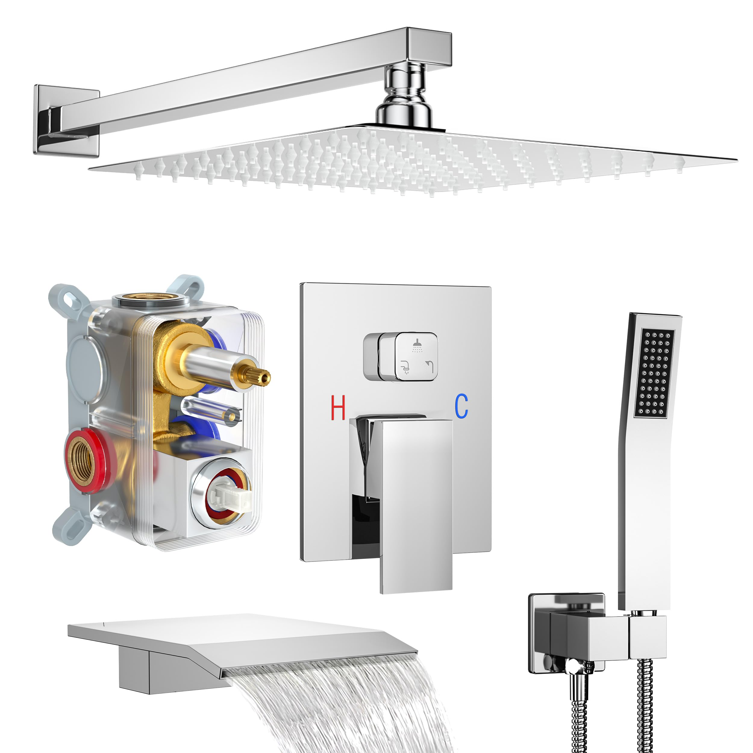 Brushed Gold Shower System with 10-Inch Rain Showerhead and Tub Spout | cUPC-certified pressure balance brass valve to prevent scalding, CEC-certified air injection technology for low pressure