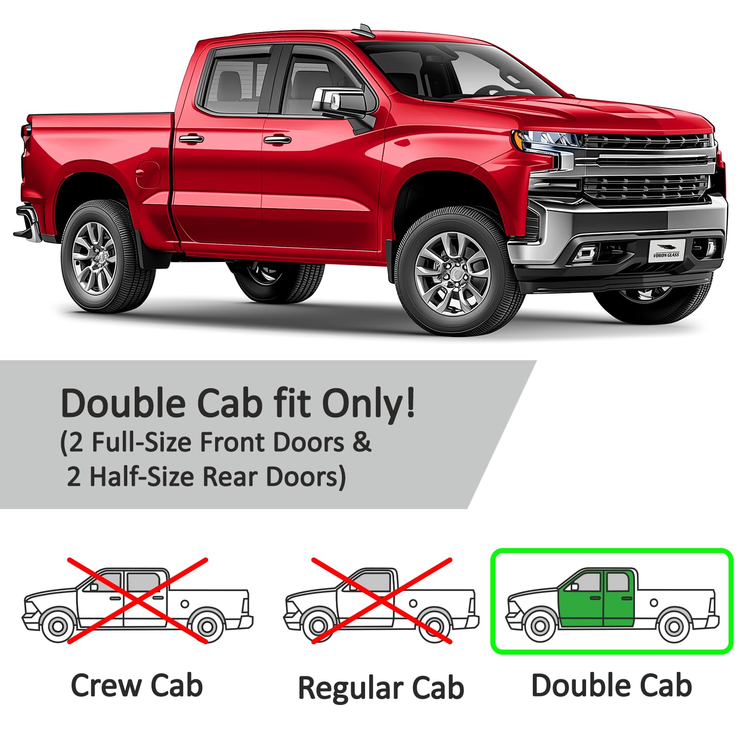 Voron Glass in-Channel Extra Durable Rain Guards for Trucks Chevrolet (Chevy) Silverado/GMC Sierra 2014-2018 Crew Cab, Window Deflectors, Vent Window Visors, 4 Pieces - 220009