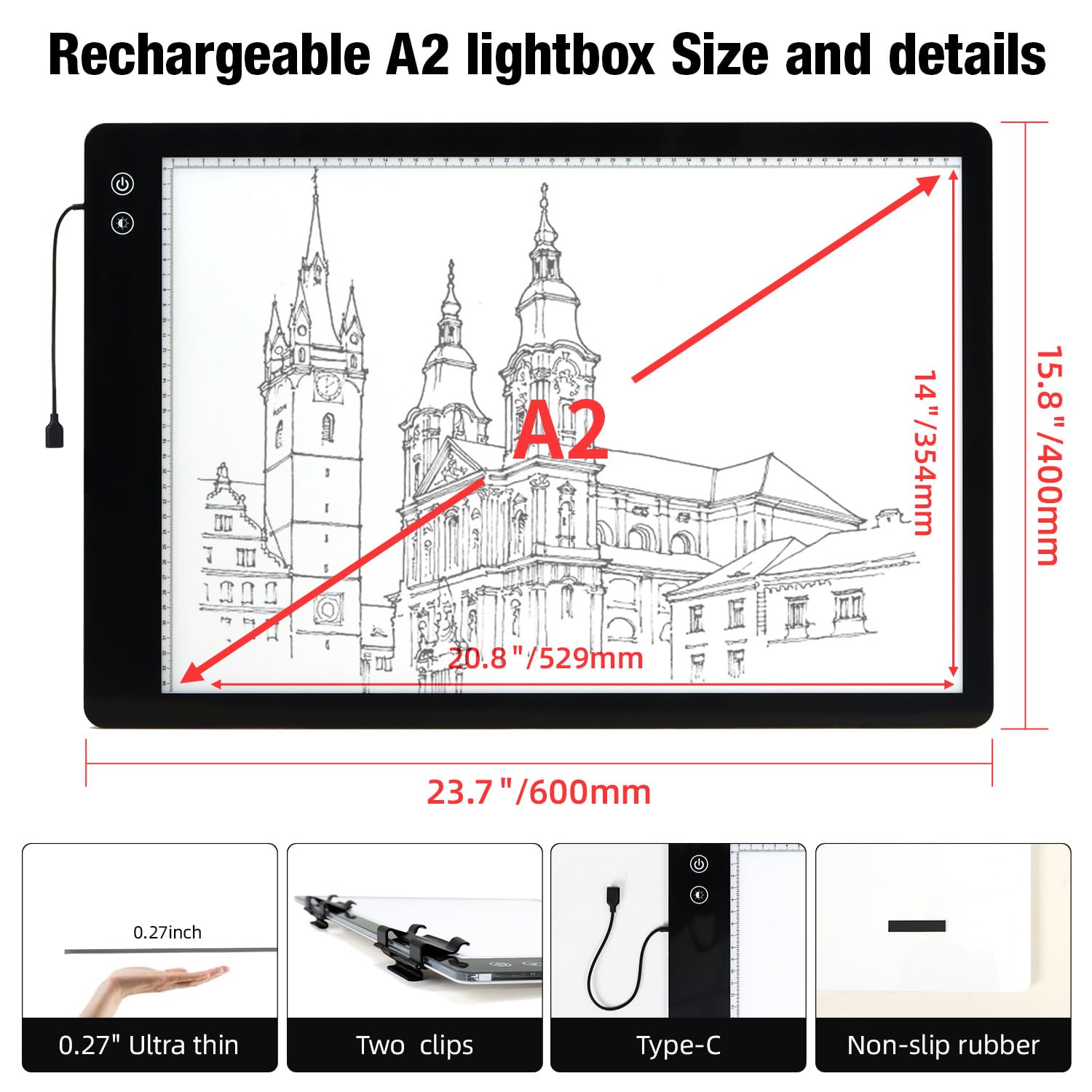 Zocelight A1(35.4''x 23.6'') Large Rechargeable Light Pad for Diamond Painting,6 Levels & Stepless Dimming Light Box for Tracing,3-Color Modes Light Board,Built-in 6000mAh Battery Light Table for Art