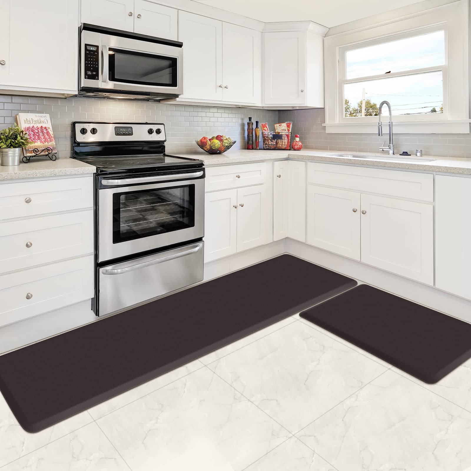HappyTrends 2 PCS Kitchen Mat Cushioned Anti-Fatigue Floor Mat, Heavy Duty Ergonomic Comfort Foam Standing Mat, Waterproof Non-Slip Kitchen Rugs for Home, Office, Laundry,Black