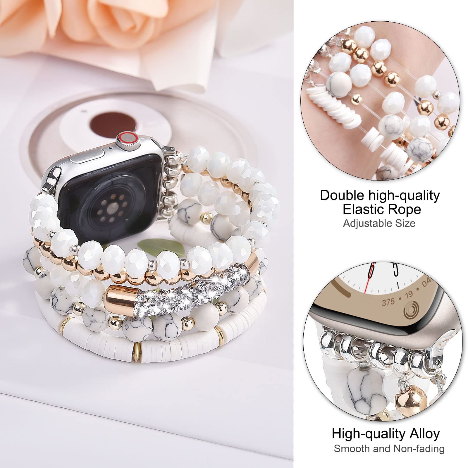 VISOOM Beaded Boho Bracelet Compatible for Apple Watch Band 40mm/38mm/41mm/42mm Series 11 10 9 8 7 SE Series 6/5/4 Women Fashion Cute Handmade Crystal Beads Stretchy Watch Strap for iWatch Bands 3/2/1