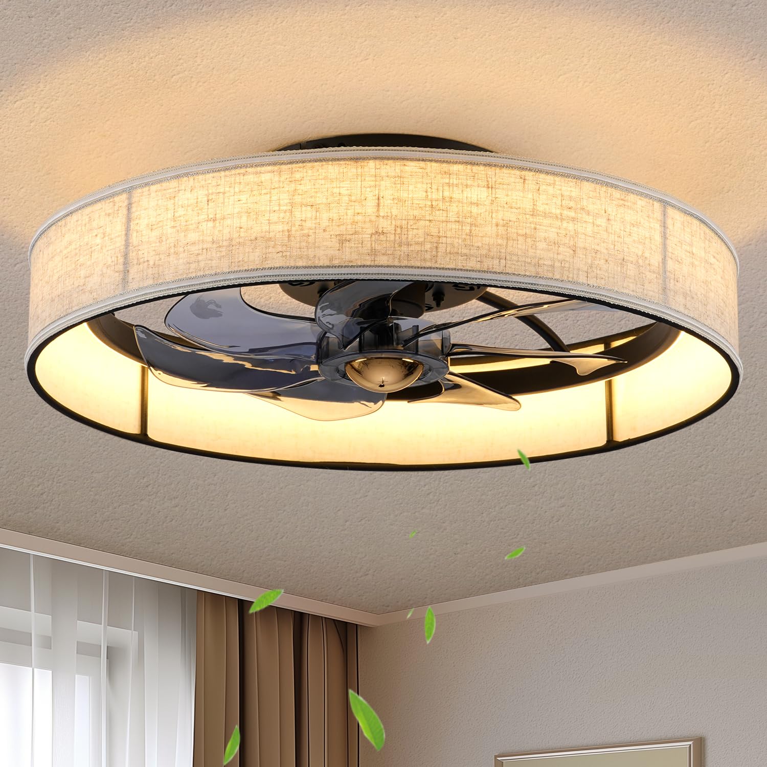 20" Boho Rattan Caged Ceiling Fan with Light,Low Profile Flush Mount Bladeless Ceiling Fan with Remote Control, 6 Speeds Reversible Silent Motor, Farmhouse Fabric Fandalier for Bedroom,Living Room