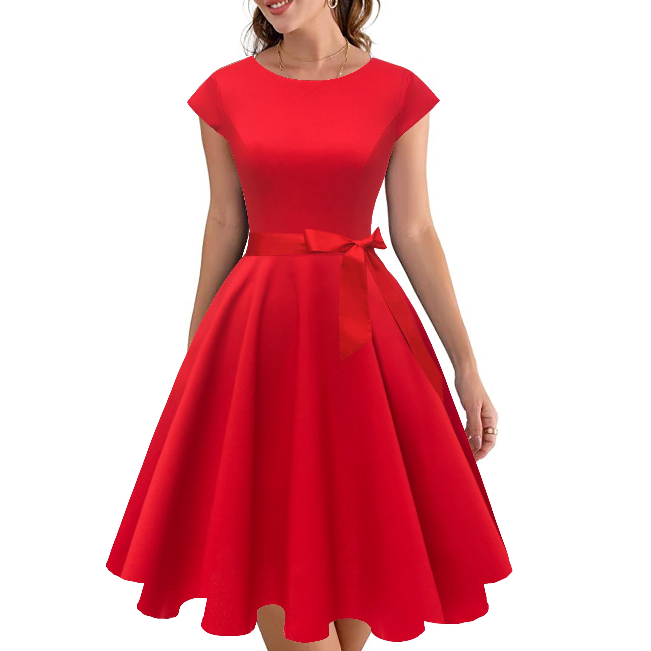 PUKAVT Women's 1950 Boatneck Cap Sleeve Vintage Swing Cocktail Party Dress with Pockets