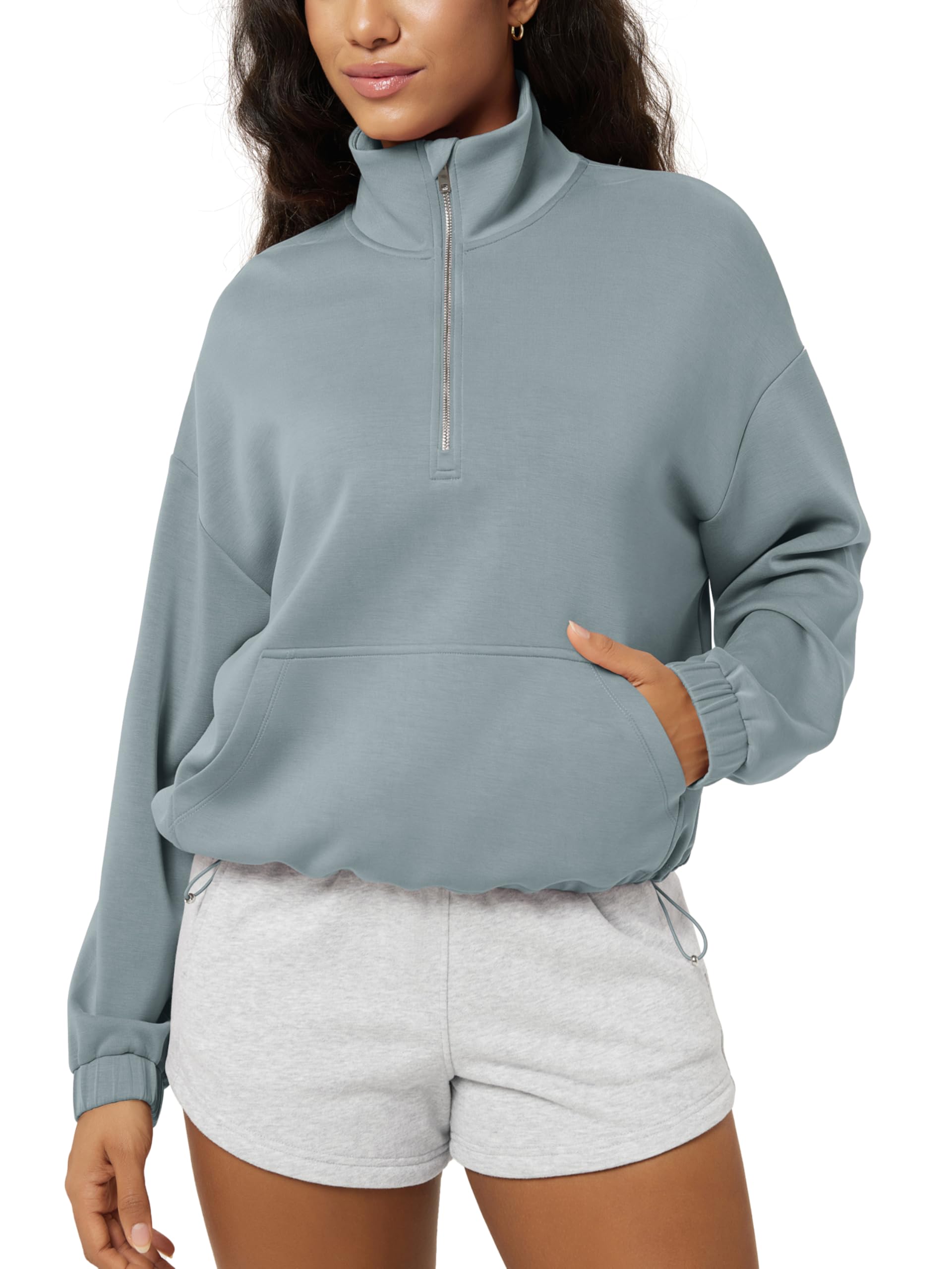 ODODOS Women's Modal Soft Cinchable Sweatshirts Half Zipper Funnel Neck Oversize Pullover with Pockets