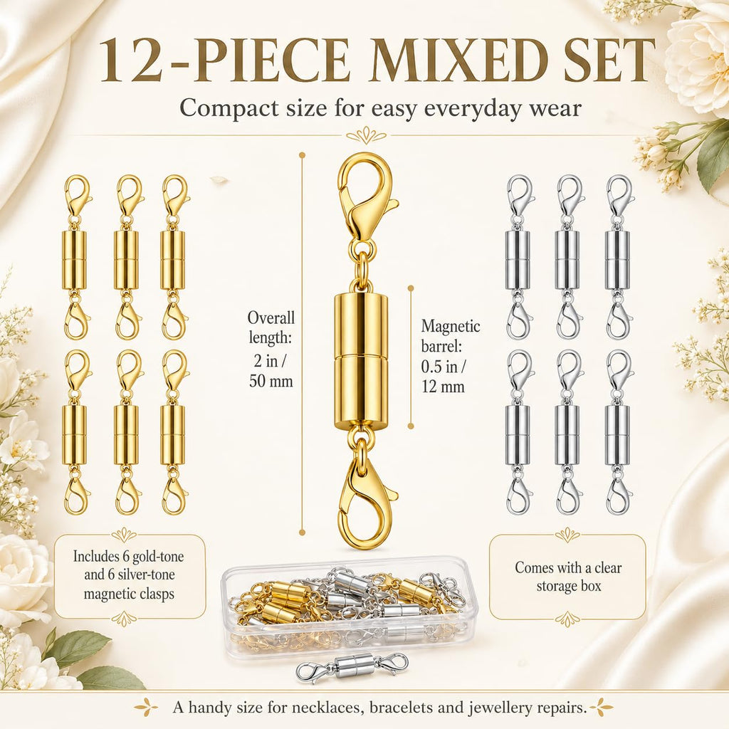 12 Pack Magnetic Necklace Clasps and Closures. Necklace Jewelry Extender with Strong Magnet. for Jewelry Necklace Bracelet Making. Gold and Silver Plating (12Pcs | Gold Cylinder)