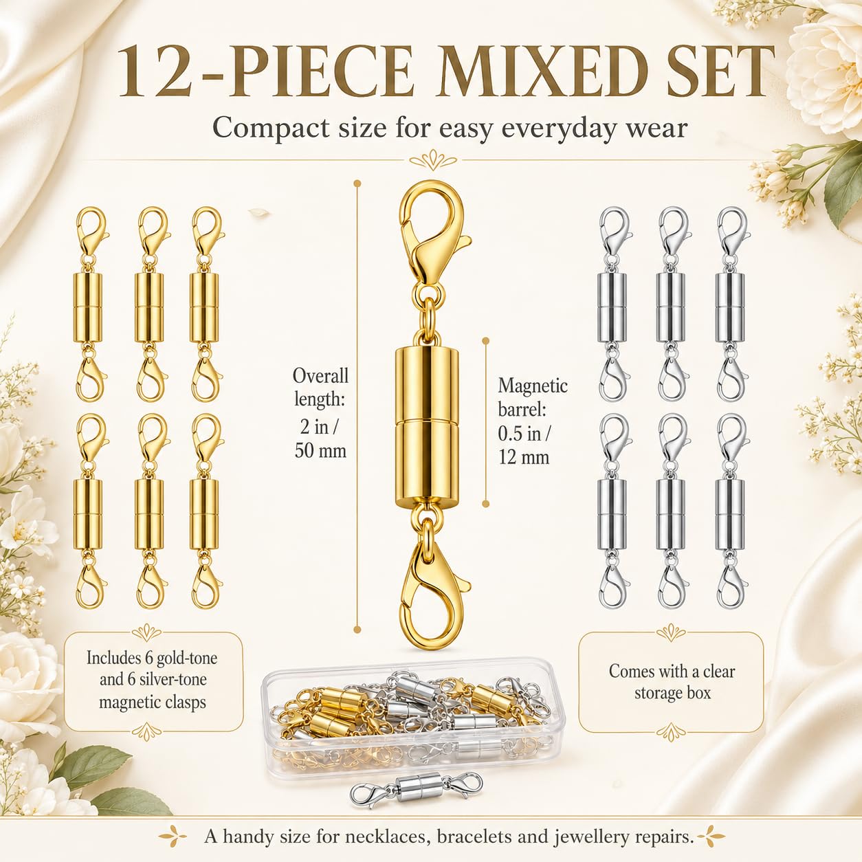 12 Pack Magnetic Necklace Clasps and Closures. Necklace Jewelry Extender with Strong Magnet. for Jewelry Necklace Bracelet Making. Gold and Silver Plating (12Pcs | Gold Cylinder)