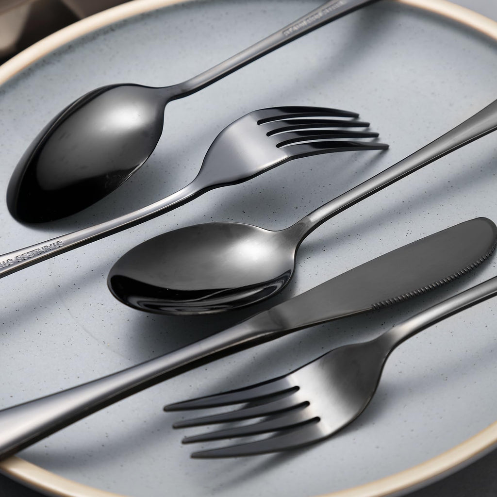 SAOSHYPEI 4-Piece Portable Utensils Set with Travel Case, Reusable Food-Grade Stainless Steel Silverware (Knife, Fork, Spoon), Dishwasher Safe Flatware for Camping, Work Lunch & Picnic, Black