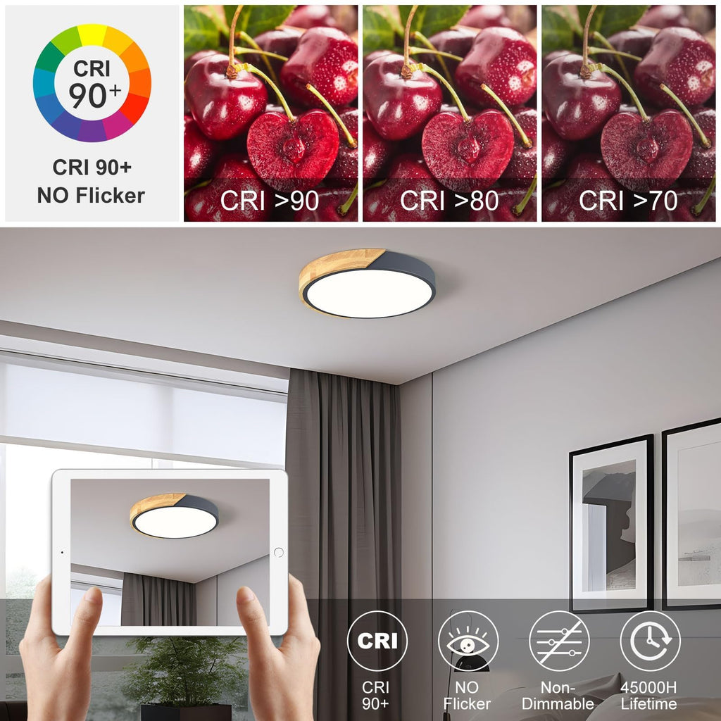 Modern LED Ceiling Light, Minimalist Wood Dimmable Flush Mount Ceiling Light Fixture, Round 5CCT Lighting Lamp with Acrylic Lampshade for Bedroom Hallway Kitchen Laundry, Black 11.8"