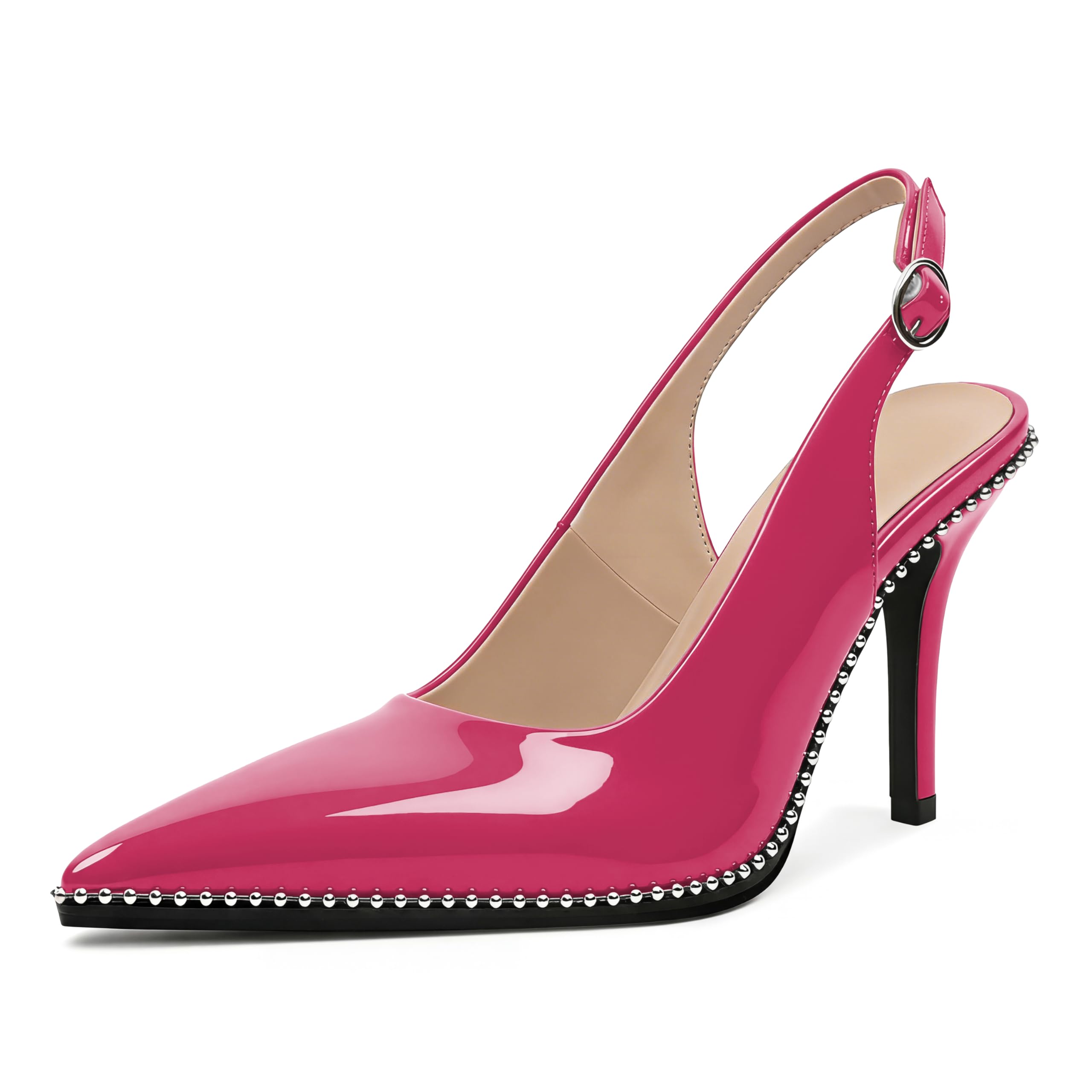 Zamikoo Women Beaded Pumps High Heel Slingback Pointed Toe Slip On 3.5 Inch Stilettos Ankle Strap Adjustable Buckle Patent Leather US Size 5 -Size 13