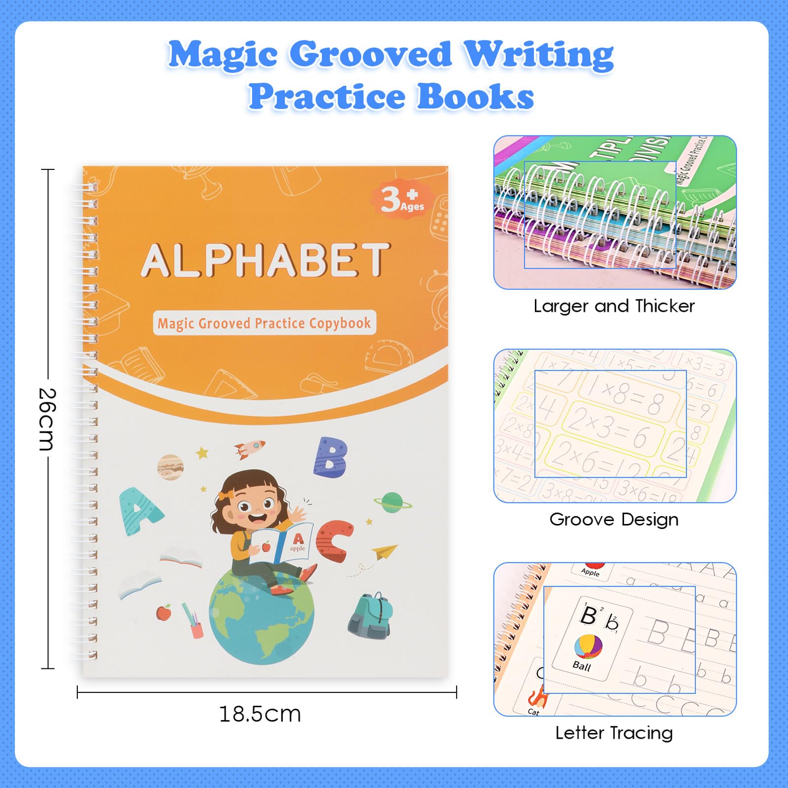 AALGO Large Magic Grooved Writing Practice Books- Reusable Handwriting Practice for Kids 8-10 - Preschool Workbook- Letter Tracing for Kids Ages 3-5