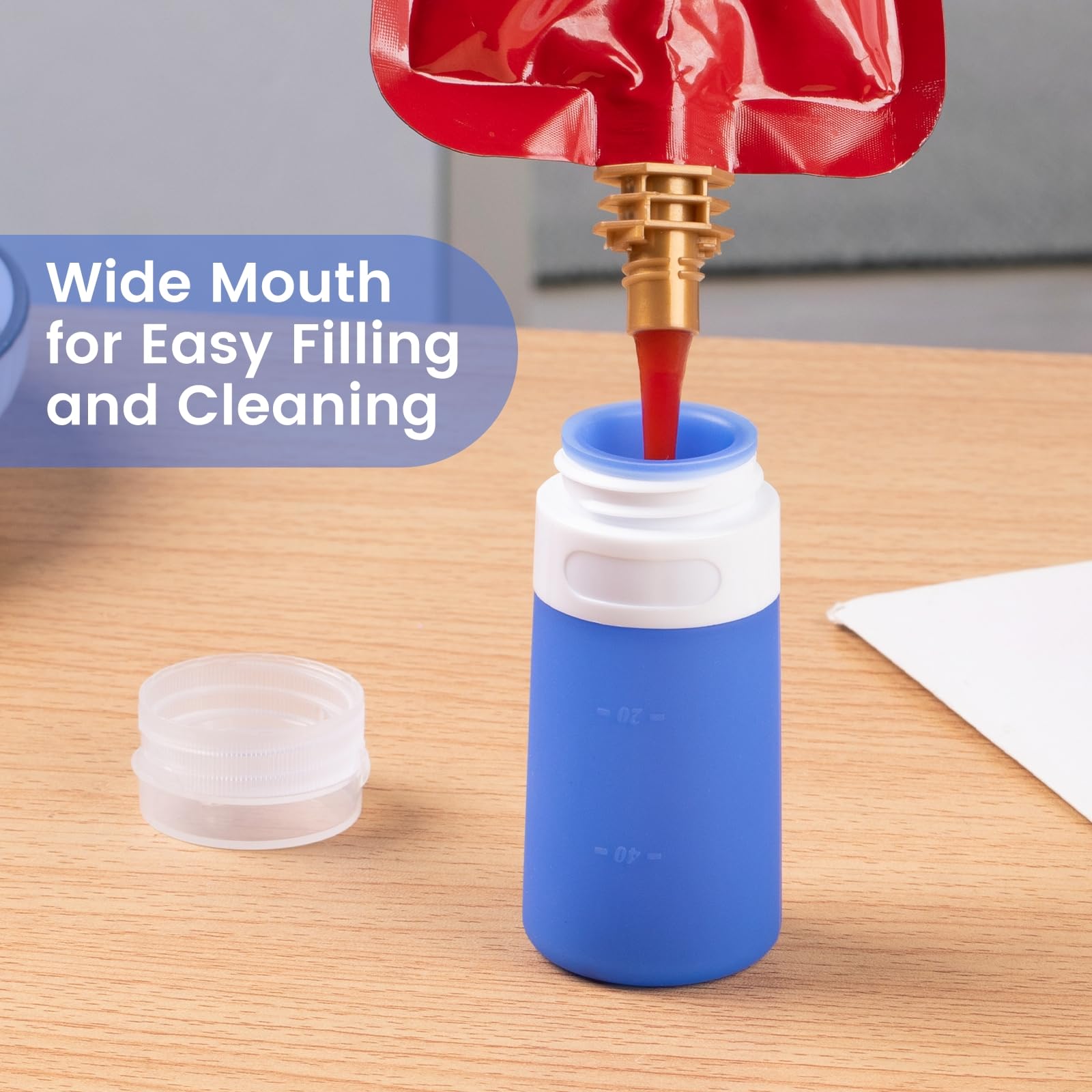 MICEBAY Condiment Squeeze Bottles for Sauces, 1-oz Mini Silicone Salad Dressing Container to Go with Snack Storage Bag, Leakproof Sauce Bottles for Lunch Box, 4 Pack, Blue