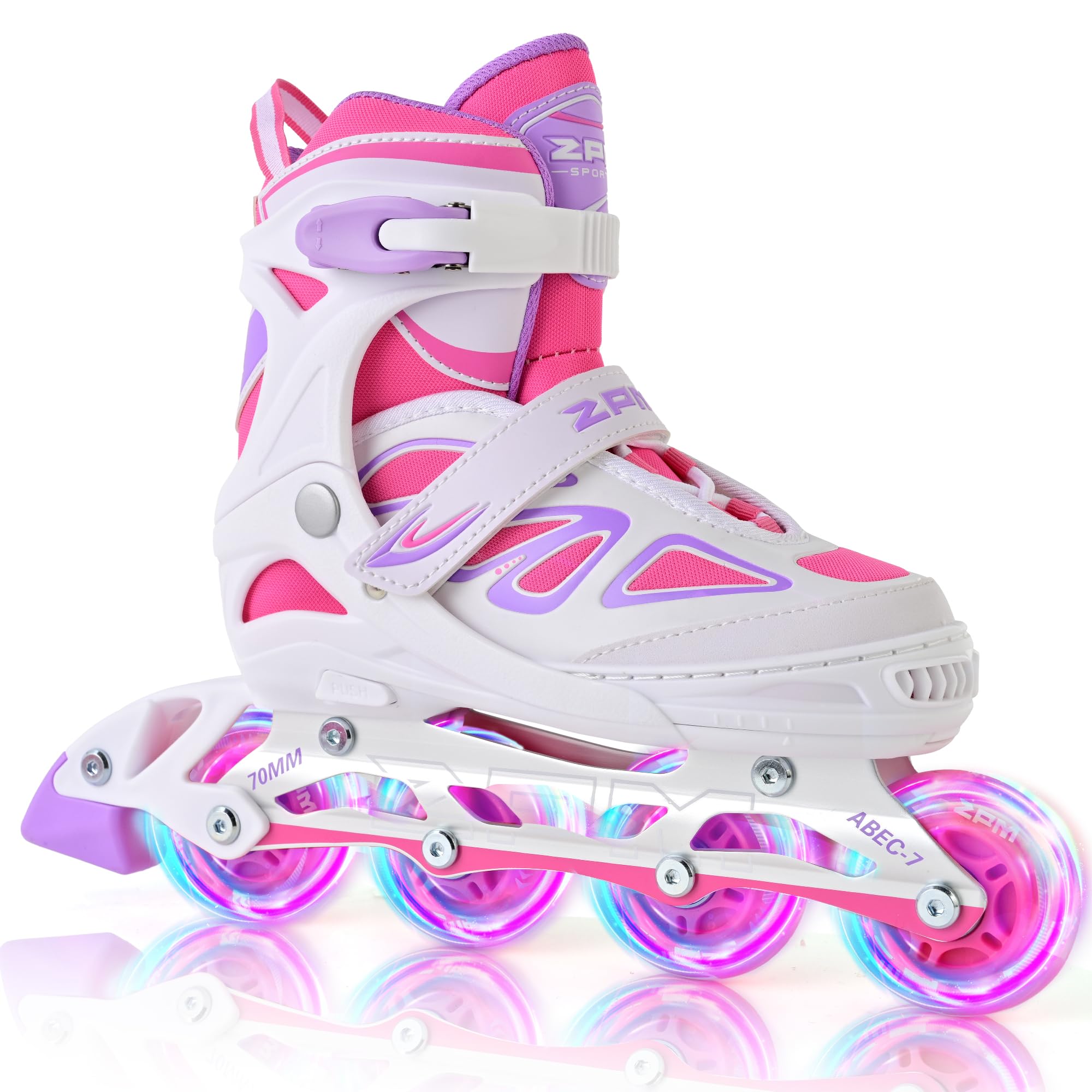 2PM SPORTS Vinal Girls Adjustable Flashing Inline Skates, All Wheels Light Up, Fun Illuminating Skates for Kids Men Adult Women and Boys