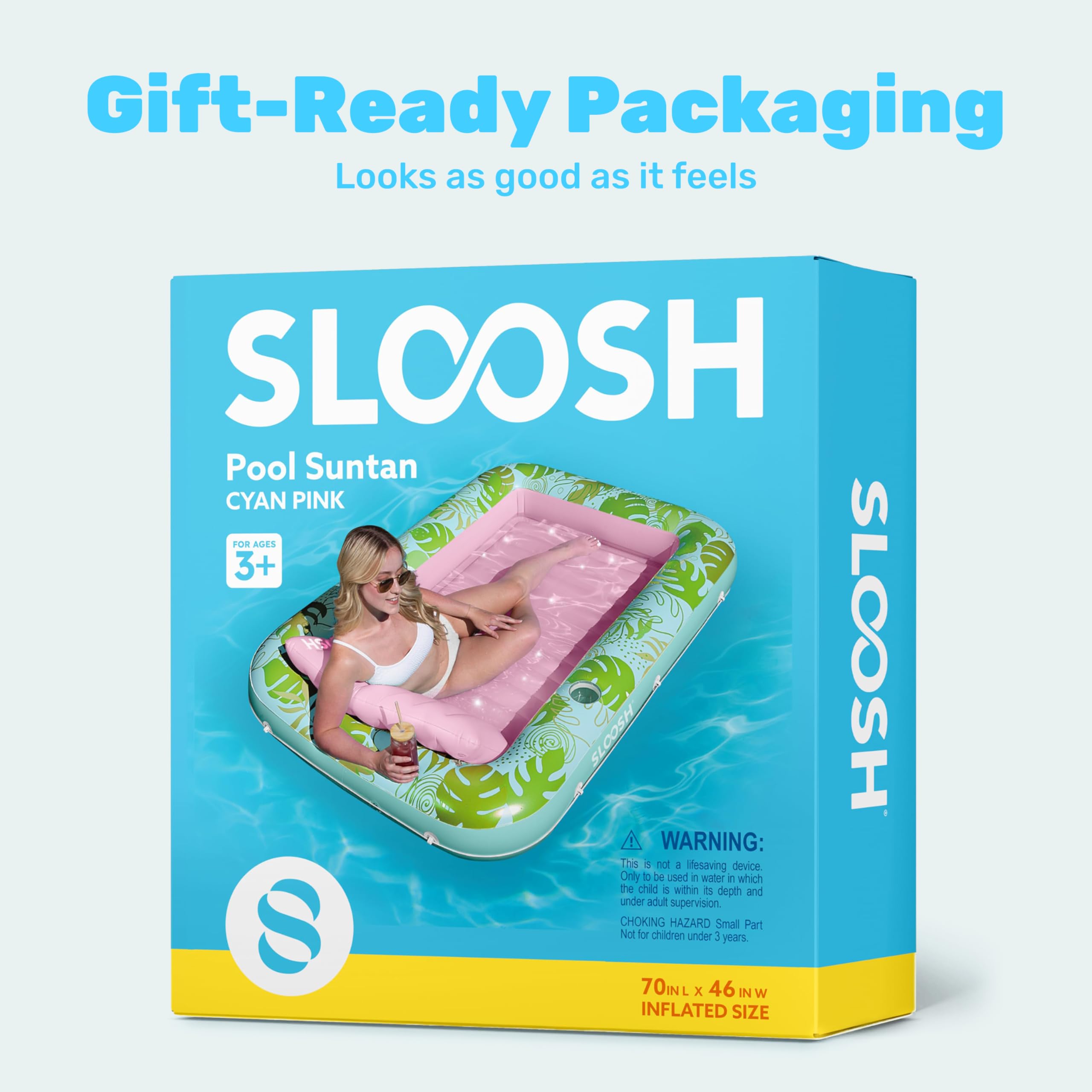 SLOOSH Inflatable Tanning Pool Lounger Float, 85" x 57" Extra Large Pool Floats Adult with Pillow, 4 in 1 Suntan Tub Raft Floatie,Sunbathing Bed Lounge for Water Blow Up Ball Pit Party Gifts, XL-Blue