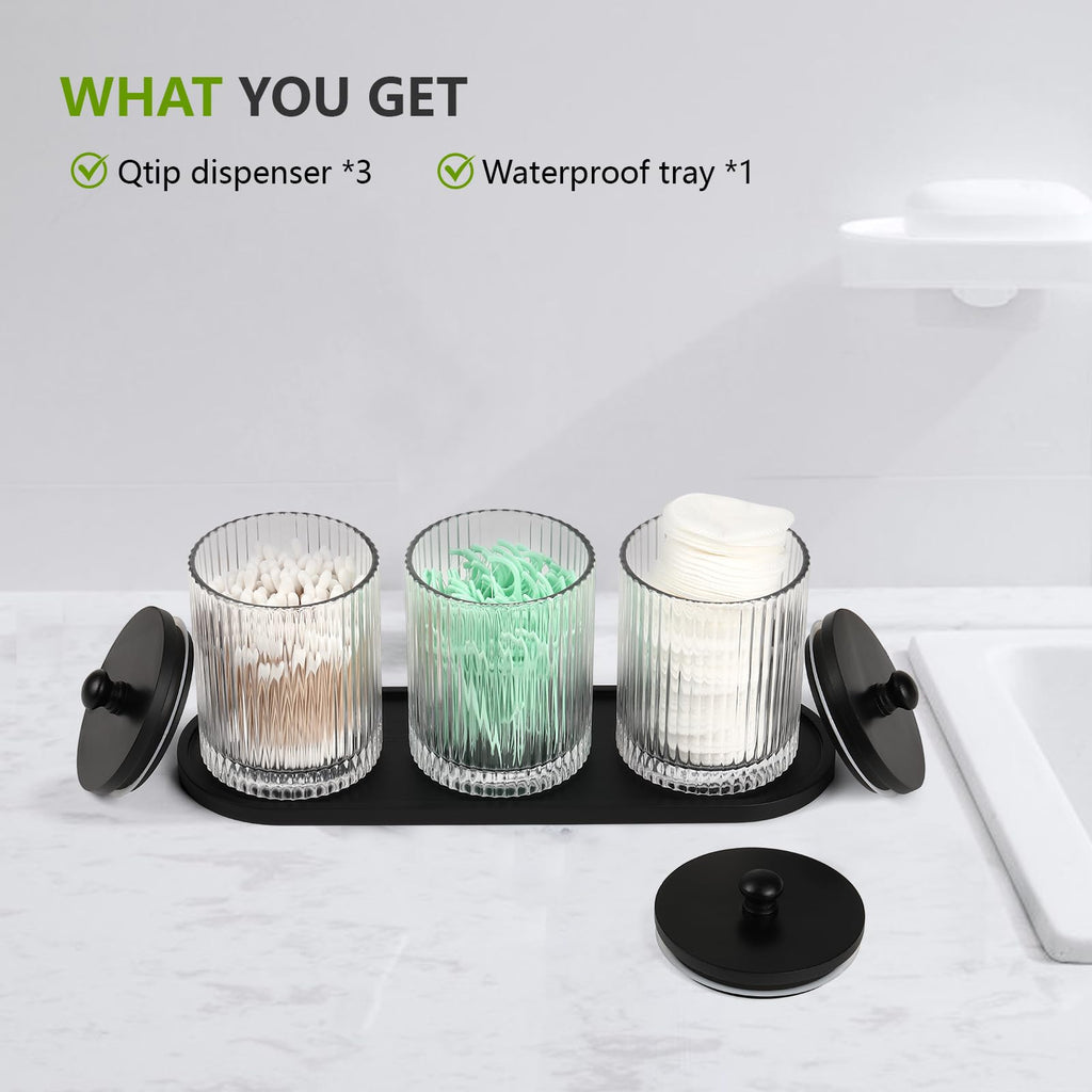 eggs sound 3 Pack Qtip Holder - Bathroom Organizers and Storage, Cotton Round Holder Floss Pick Cotton Ball Holder Swab Dispenser Set with Tray, Glass Apothecary Jars with Lids, -sw clear y