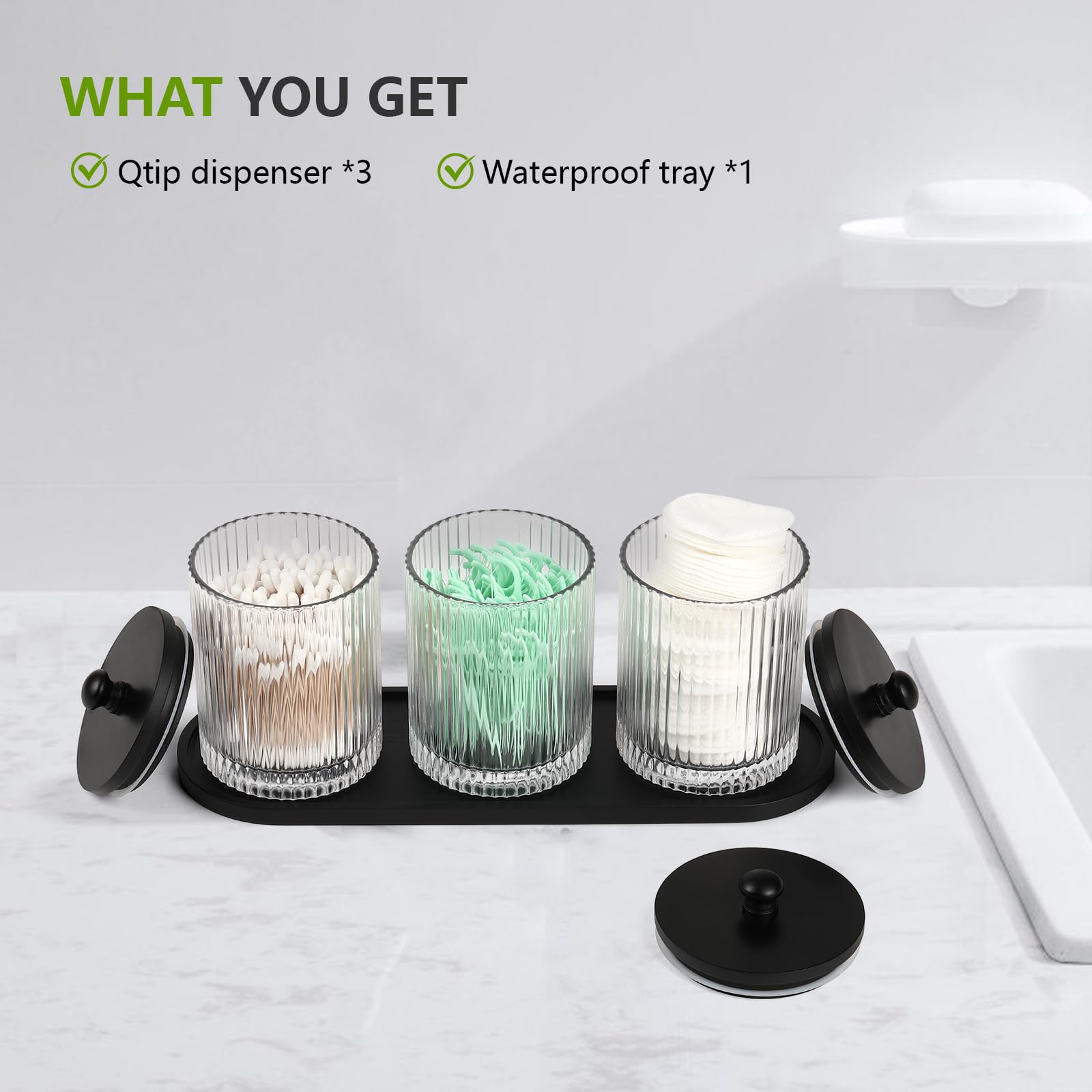 eggs sound 3 Pack Qtip Holder - Bathroom Organizers and Storage, Cotton Round Holder Floss Pick Cotton Ball Holder Swab Dispenser Set with Tray, Glass Apothecary Jars with Lids, -sw clear y