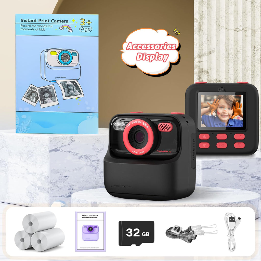 Kids Instant Digital Cameras for Boys and Girls, 1080P HD Dual-Lens Selfie Digital Camera with Print Paper & 32G Card, Christmas Birthday Gifts Toys for Toddler and Teenagers Age 3-16 Years Old