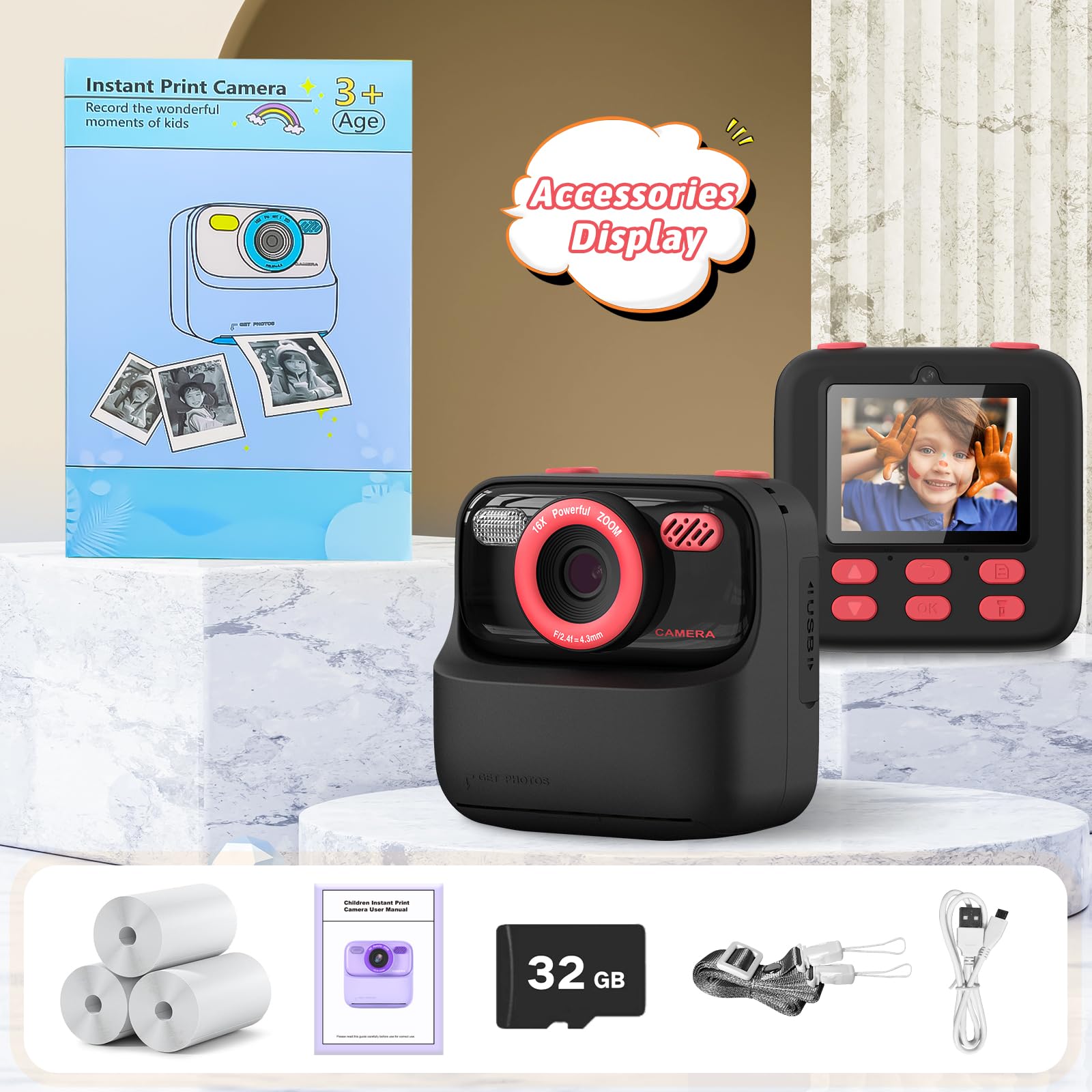 Kids Instant Digital Cameras for Boys and Girls, 1080P HD Dual-Lens Selfie Digital Camera with Print Paper & 32G Card, Christmas Birthday Gifts Toys for Toddler and Teenagers Age 3-16 Years Old