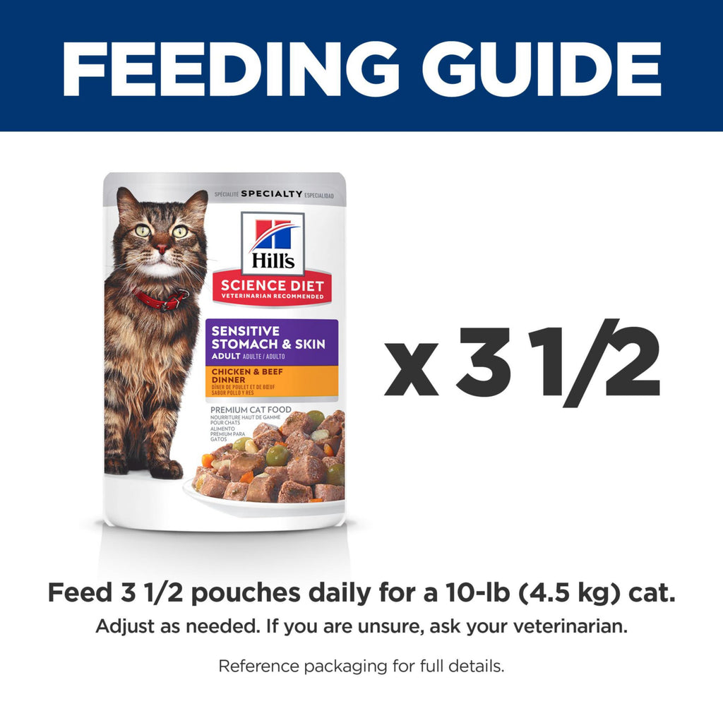 Hill's Science Diet Adult Sensitive Stomach & Skin Wet Cat Food, Chicken & Beef, 2.8 oz. Pouches, 24-Pack