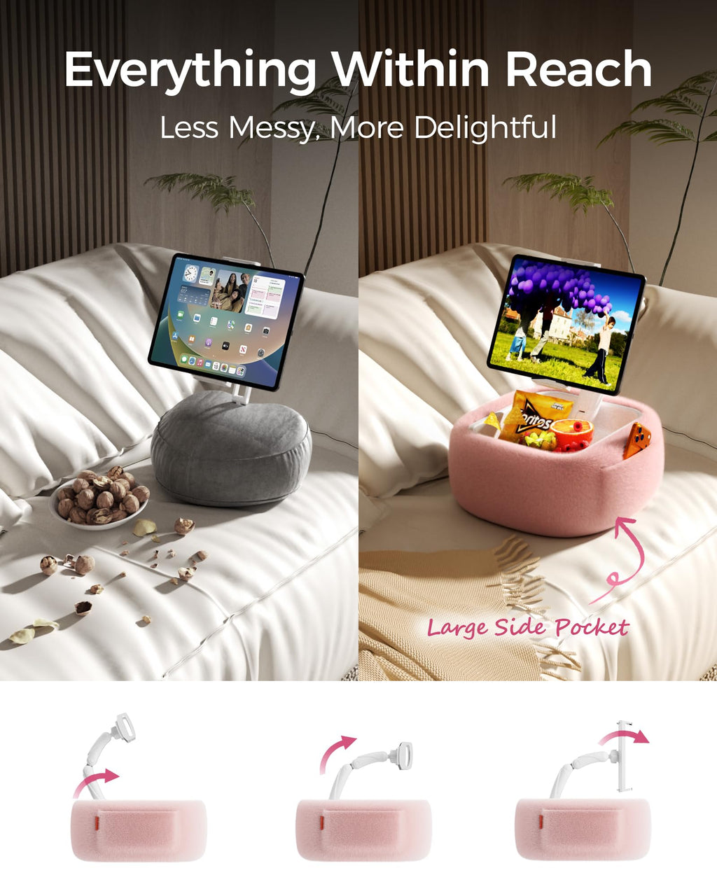 LULULOOK Tablet Pillow Stand, Compatible with iPad, iPhone and 4.7-14.6”Tablet, 360° Adjustable Kindle Pillow Stand for Bed with Ultra Fluffy Fabric & Snack Bowl (Cloudy White)