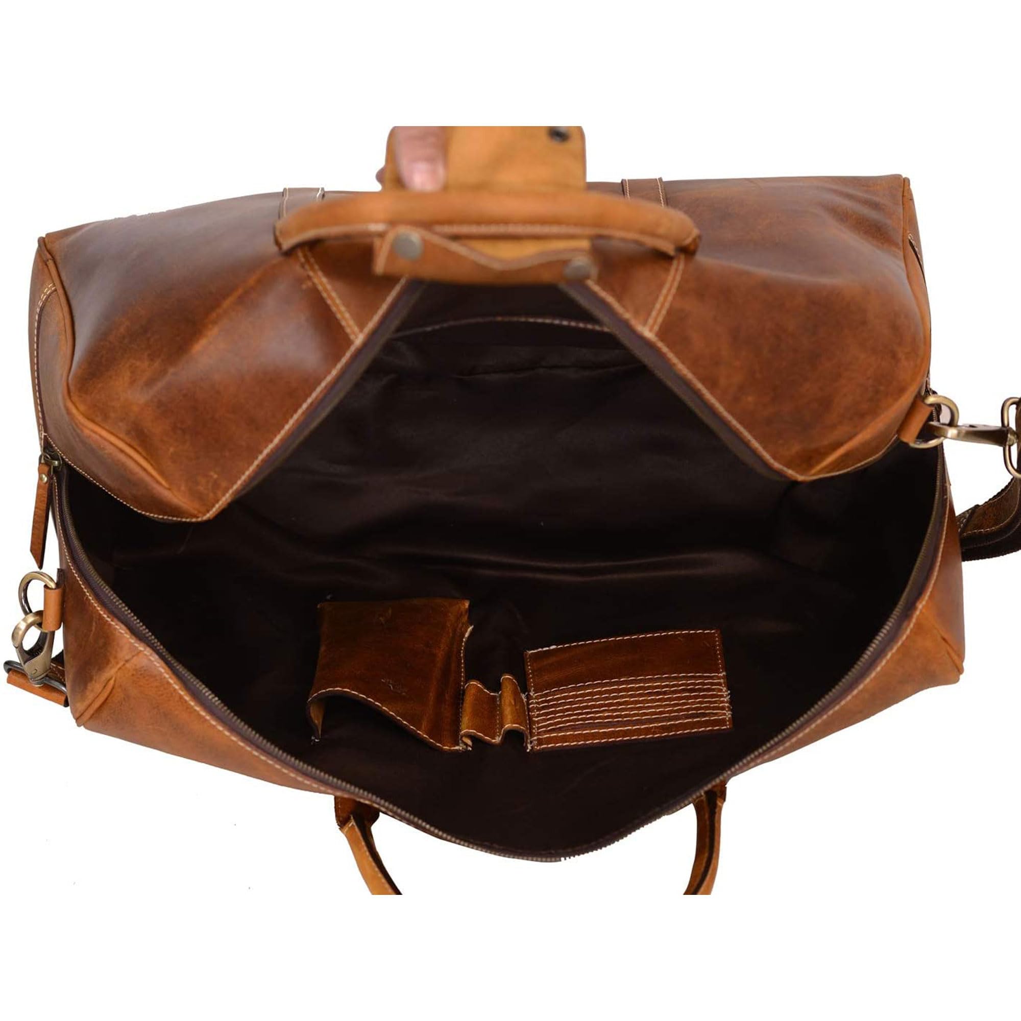 KomalC Leather Duffle Bags for Men and Women Travel Overnight Weekend sports bag holdall Gym Duffel for Men (Dark Tan, 20 Inch)