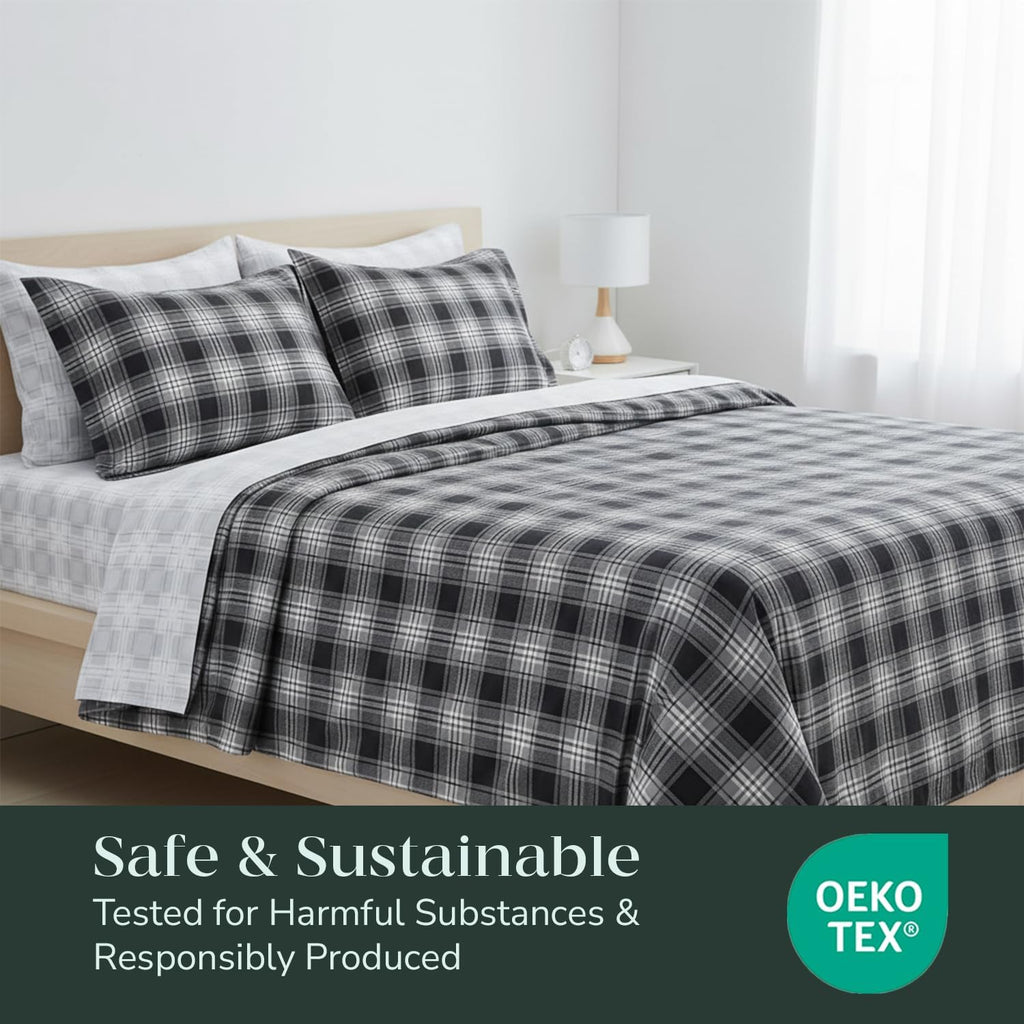 Feather & Stitch 100% Cotton Flannel Twin Sheet Set, 3 Piece Brushed Cotton Flannelette Flat Sheet, Winter Fitted Sheet, Heavy Weight Bedding, 16" Deep Pocket (Grey Plaid)