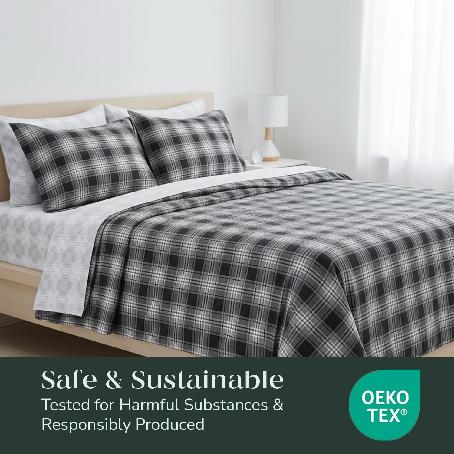 Feather & Stitch 100% Cotton Flannel Twin Sheet Set, 3 Piece Brushed Cotton Flannelette Flat Sheet, Winter Fitted Sheet, Heavy Weight Bedding, 16" Deep Pocket (Grey Plaid)