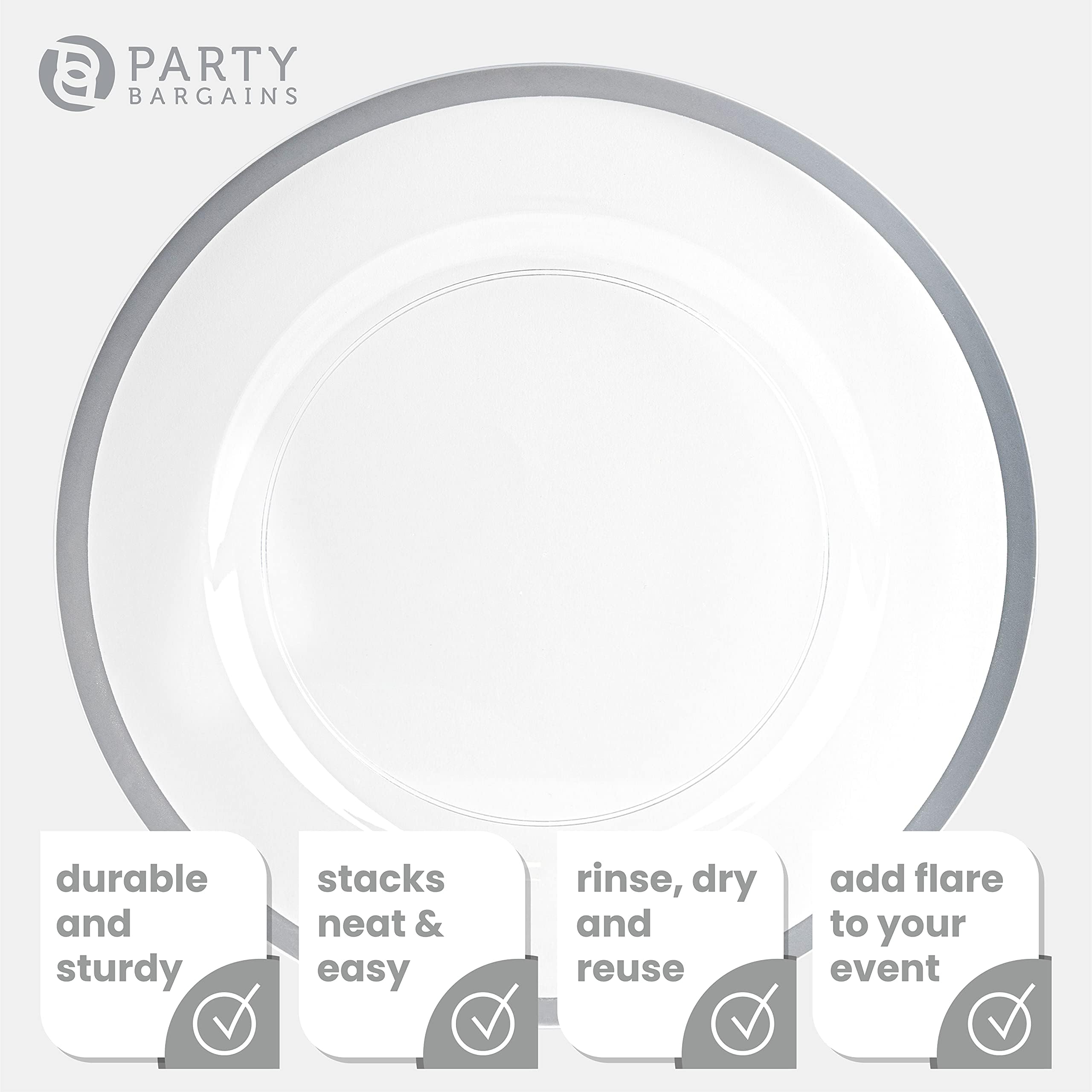 PARTY BARGAINS 13-Inch Charger Plates - 96 Pack, Clear Gold Rim, Heavy-Duty Disposable Chargers for Elegant Dining - Ideal for Weddings and Formal Events