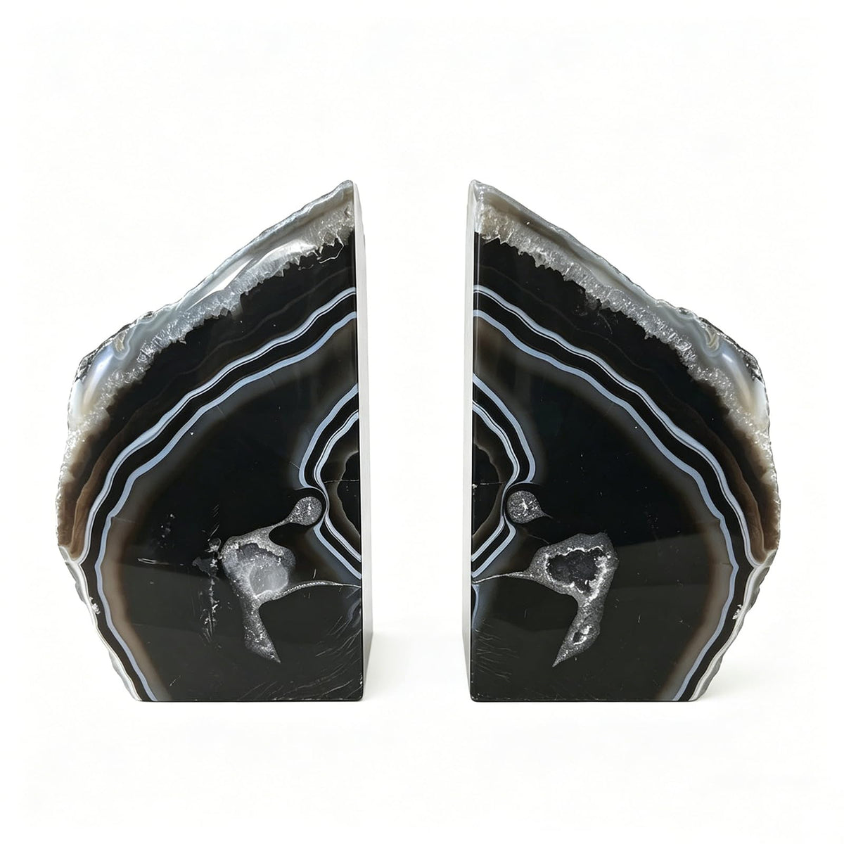 JIC Gem Black Agate Geode Bookends 2-3 Lbs Anti-Slip Rubber Pads Heavy Duty | 1Pair Natural Black Agate Crystal Decor for Shelves & Desk, Unique Small Stone Book Holder Gift for Office & Home Decoration