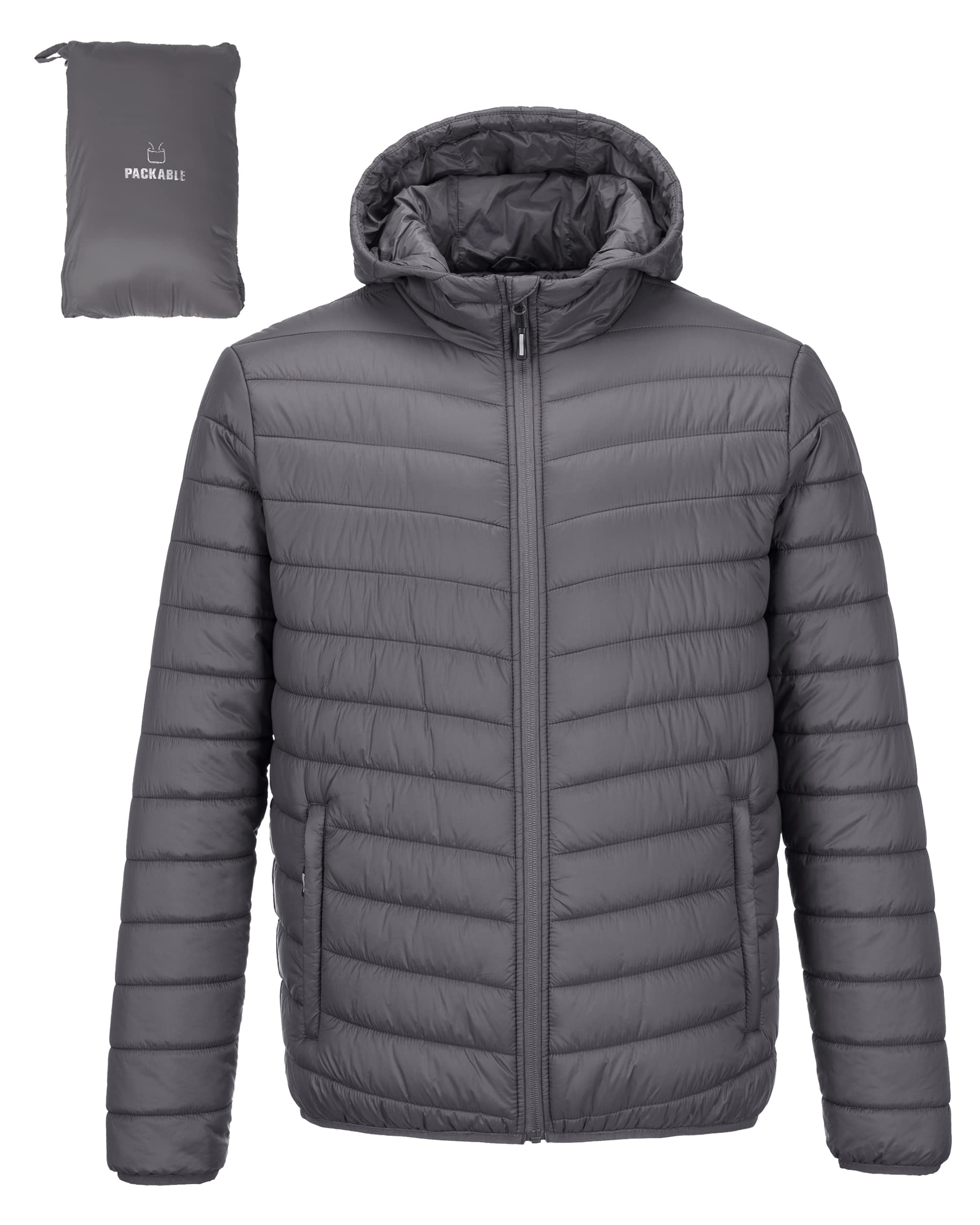 Outdoor Ventures Men's Lightweight Packable Hooded Puffer Jacket Insulated Winter Coat for Snow Ski Traveling