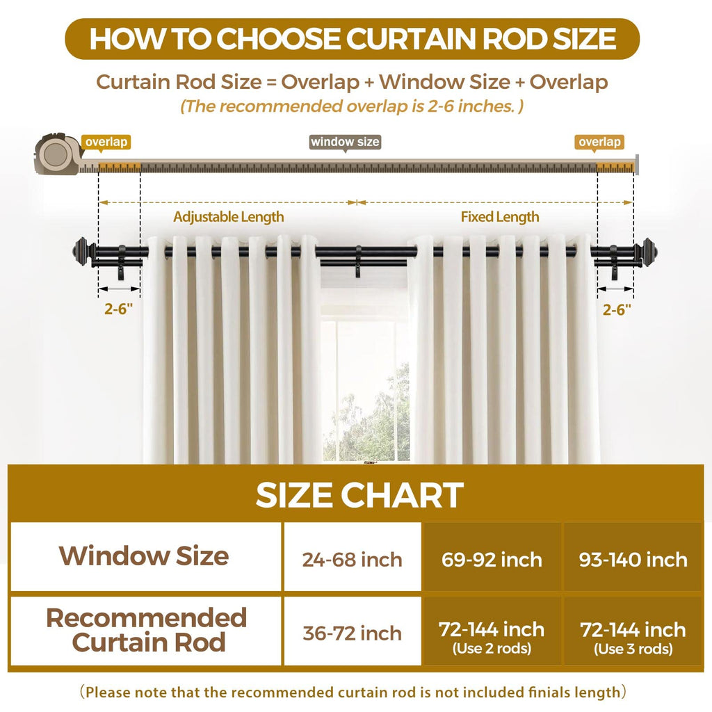KAMANINA 1 Inch Double Curtain Rods 36 to 72 Inches (3-6 Feet) Telescoping Dark Silver Curtain Rod for Windows 24 to 68 Inches, Heavy Duty Drapery Rods with Square Finials