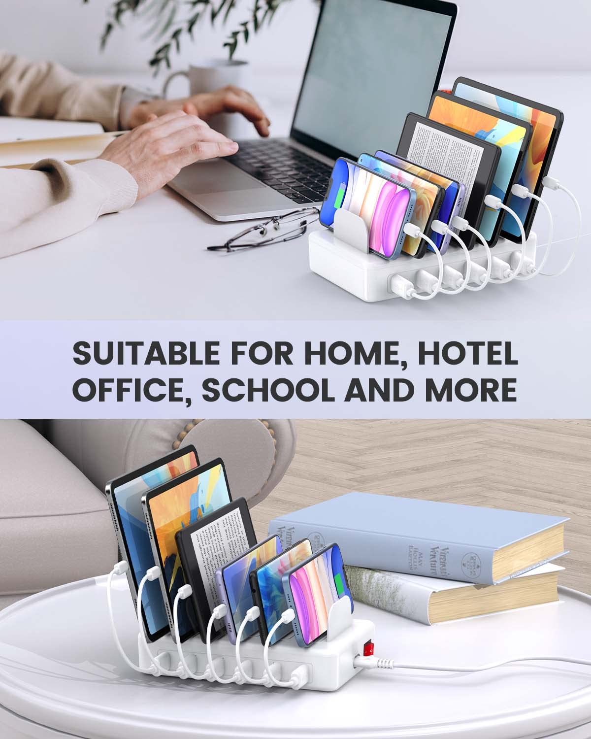 CREATIVE DESIGN 50W 6 Ports Multi Charger Station with 6 Charging Cables, USB Charging Dock for Multiple Devices, Compatible with Cellphone iPad Kindle Tablet and Other Electronic Devices