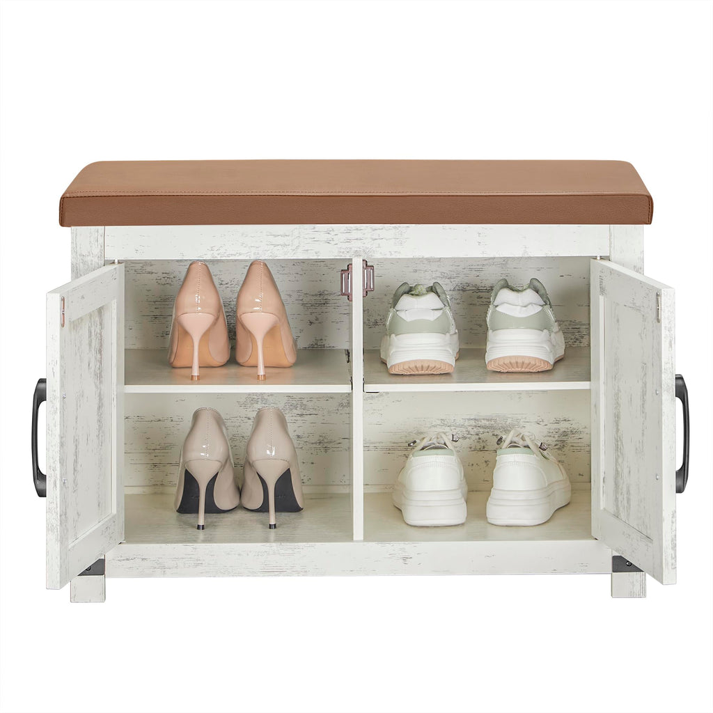 Hzuaneri Shoe Storage Bench, 2 Tier Shoe Bench with Padded Seat Cushion & 2 Barn Doors, Entryway Bench with Adjustable Shelf, Farmhouse Shoe Cabinet for Living Room, Bedroom, Antique White SB26214KA