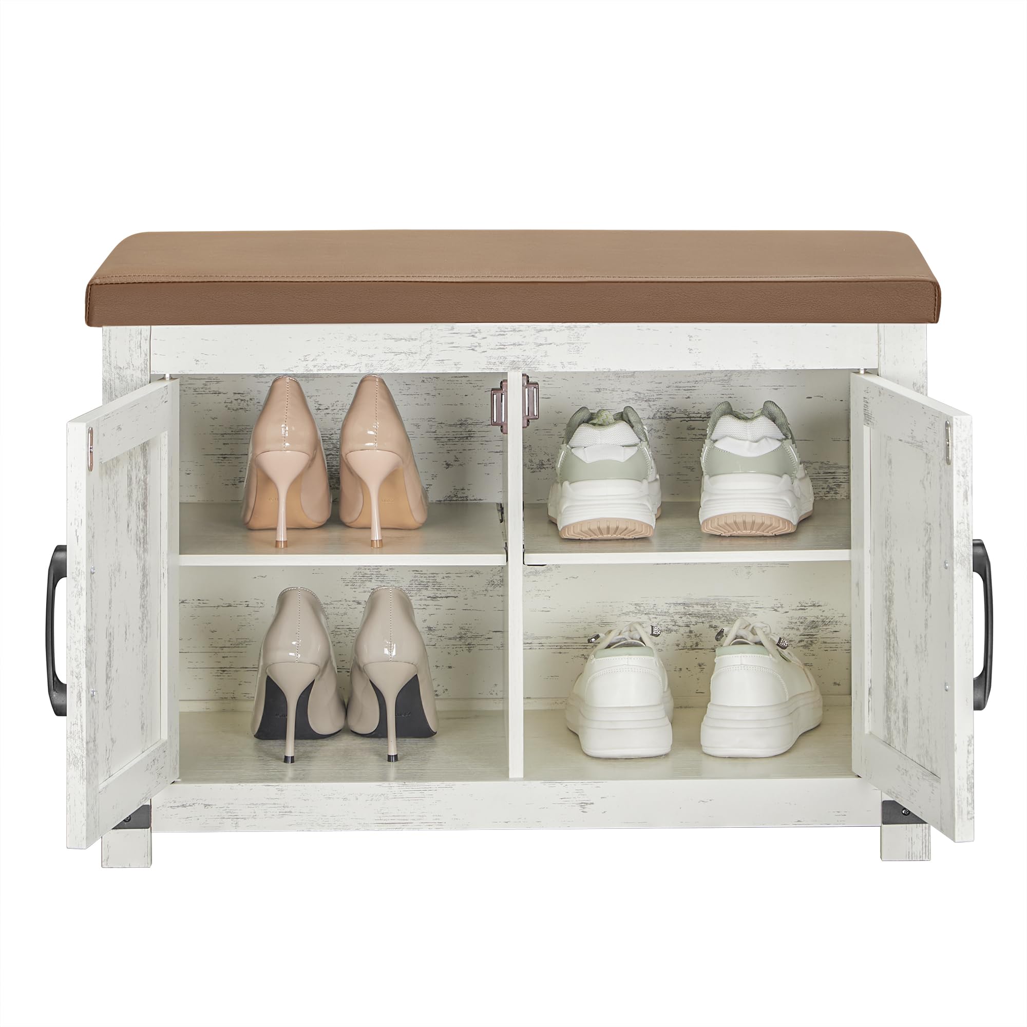 Hzuaneri Shoe Storage Bench, 2 Tier Shoe Bench with Padded Seat Cushion & 2 Barn Doors, Entryway Bench with Adjustable Shelf, Farmhouse Shoe Cabinet for Living Room, Bedroom, Antique White SB26214KA