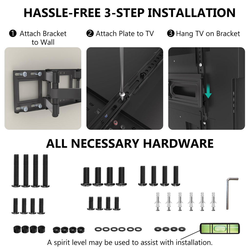 WALI Full Motion TV Wall Mount for 32–70 Inch TVs – Dual Articulating Mount with Swivel, Tilt & Extension | VESA up to 400x400mm | Fits 12/16" Wood Studs | Holds Up to 88 lbs