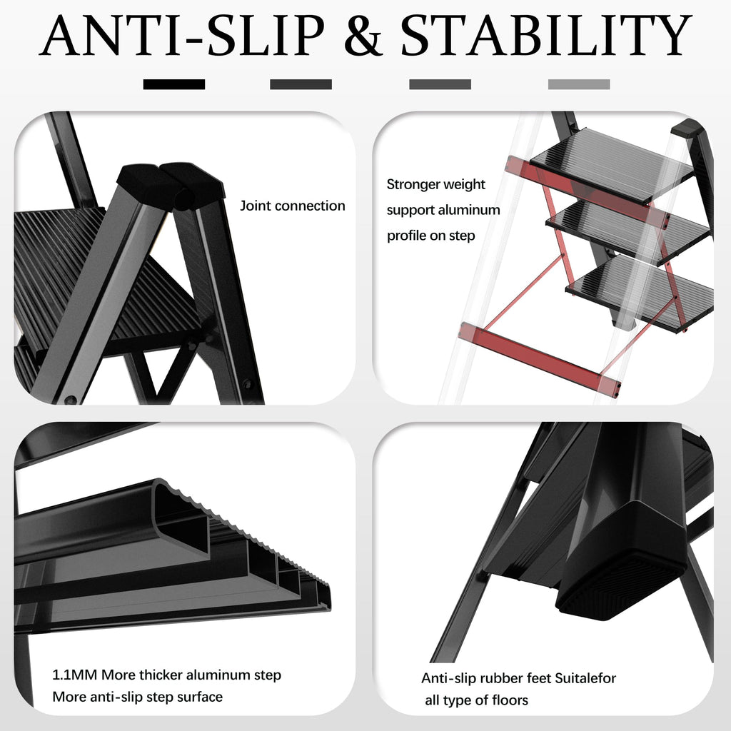 2 Step Lightweight Folding Ladder for Home, 330lbs Aluminum Step Ladder Anti-Slip for Kitchen, Step Stool Foldable Adults for Closet, 330lbs - Black